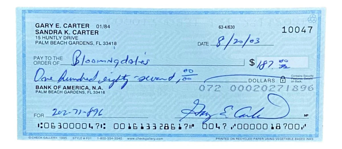 Gary Carter Montreal Expos Signed Bank Check #10047 BAS