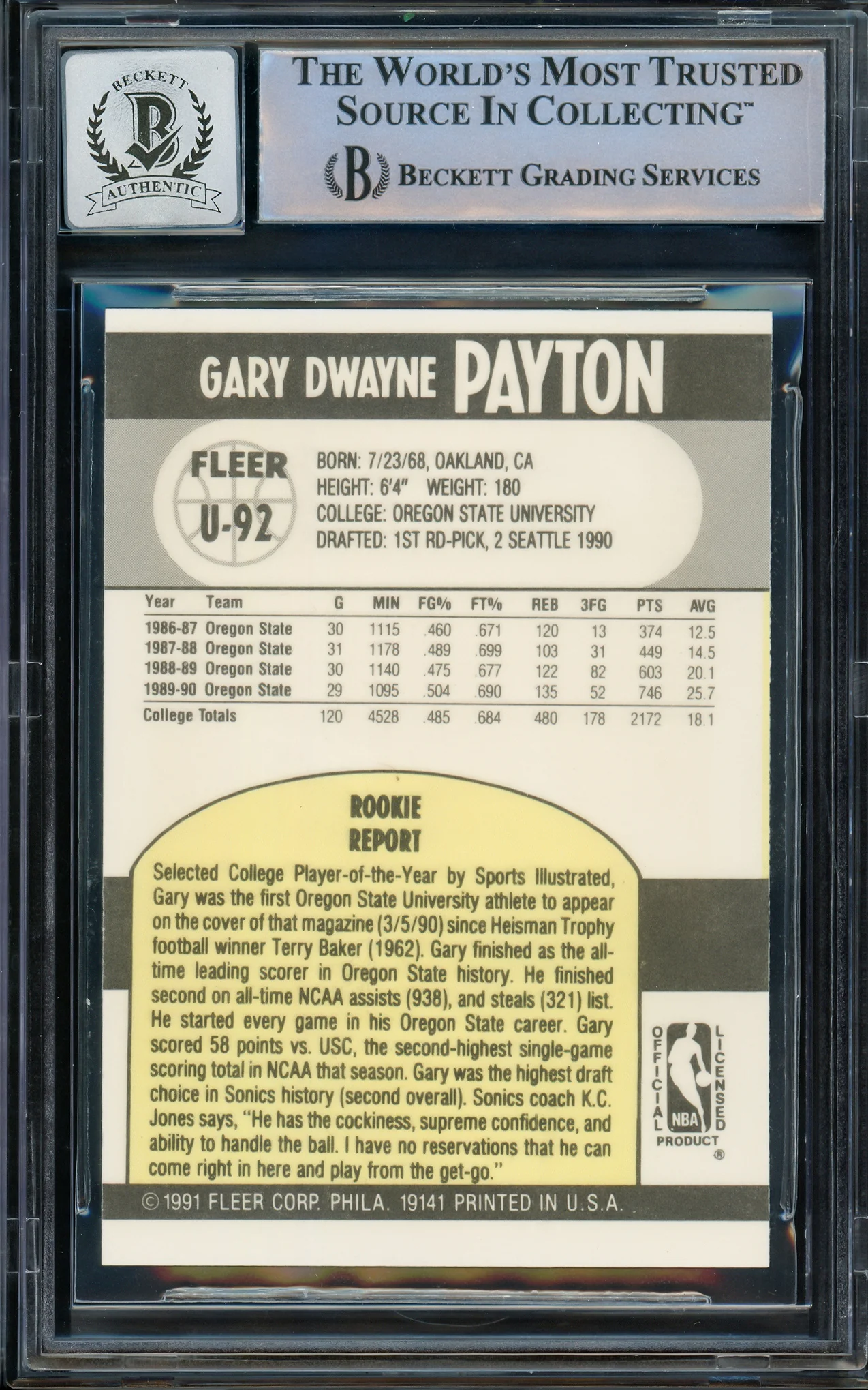 Gary Payton Autographed 1990-91 Fleer Update Rookie Card #U-92 Seattle Supersonics Auto Grade Gem Mint 10 Beckett BAS Stock #206804 - Image 2