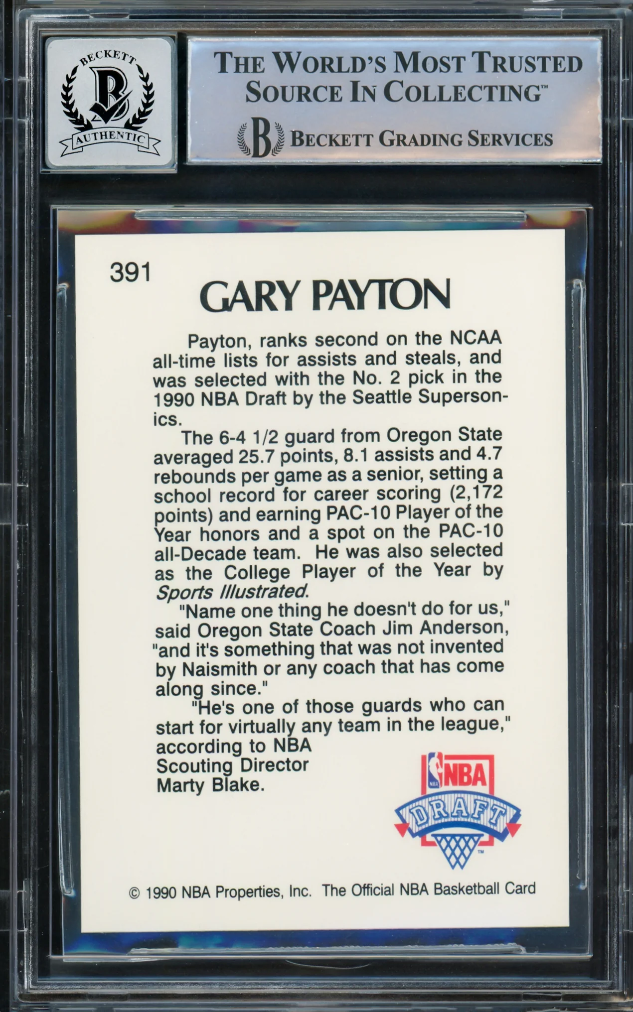 Gary Payton Autographed 1990-91 Hoops Rookie Card #391 Seattle Supersonics Auto 10 Beckett BAS Stock #210482 - Image 2