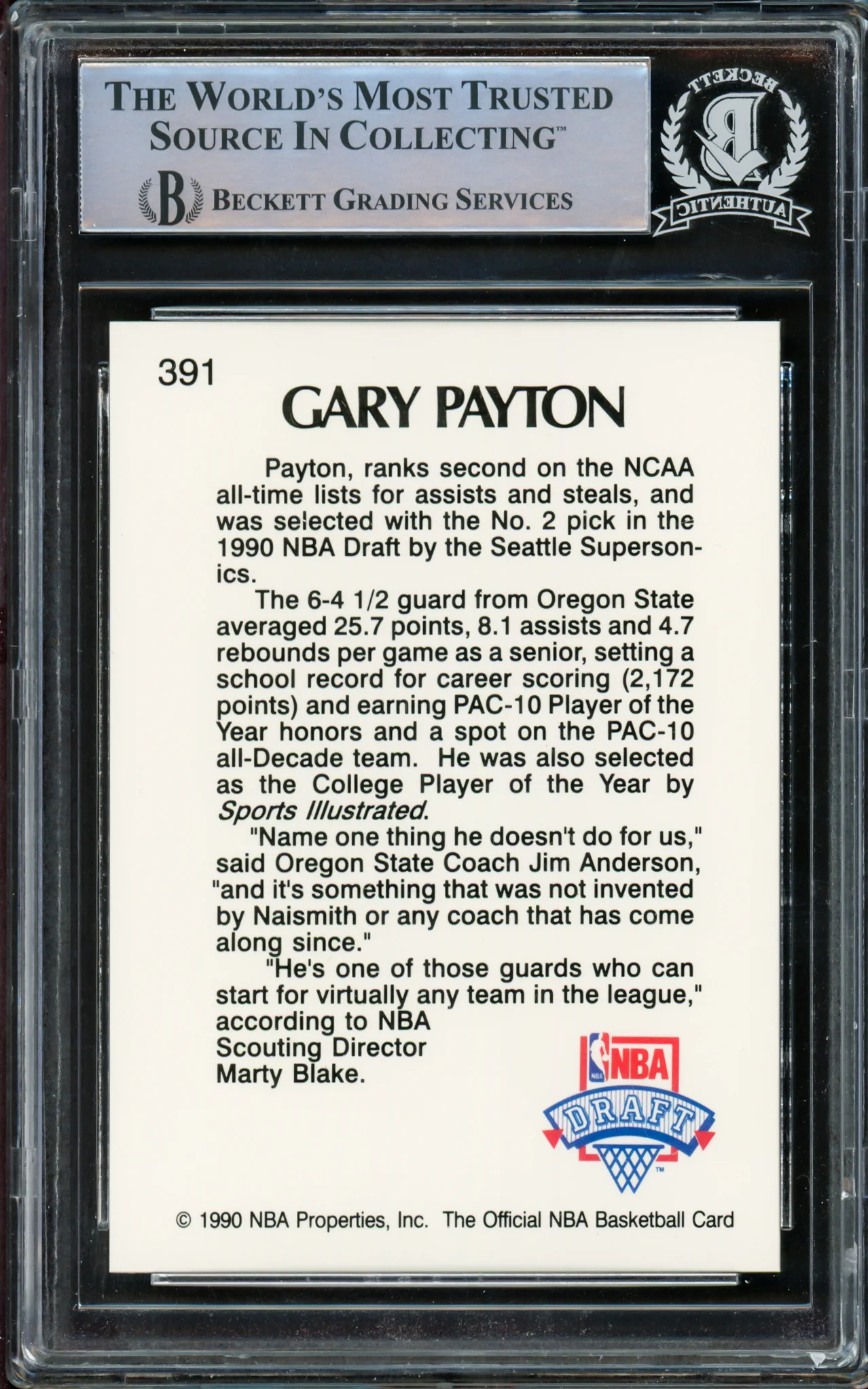 Gary Payton Autographed 1990-91 Hoops Rookie Card #391 Seattle Supersonics Beckett BAS Stock #209777 - Image 2