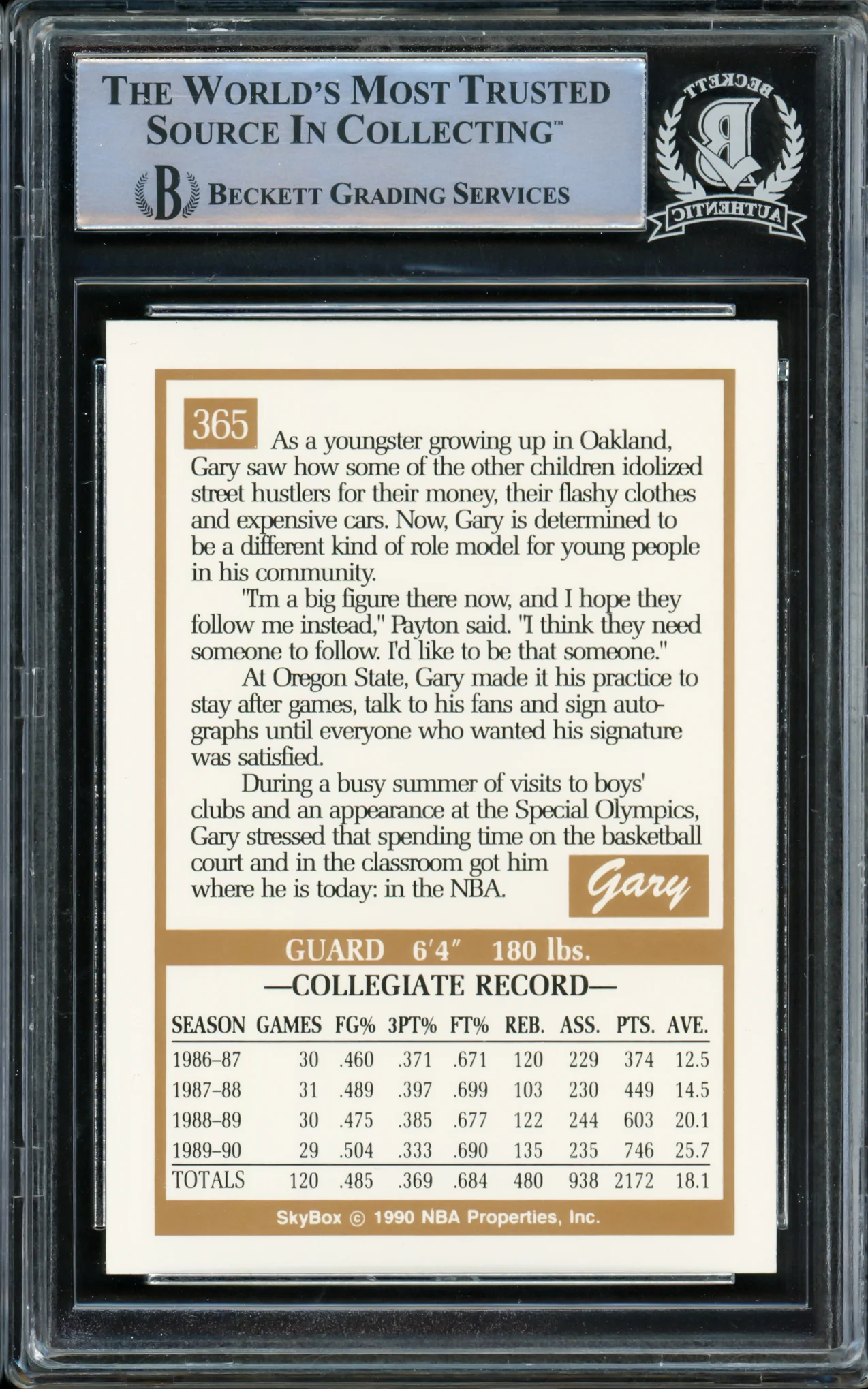Gary Payton Autographed 1990-91 Skybox Rookie Card #365 Seattle Supersonics Beckett BAS Stock #209778 - Image 2