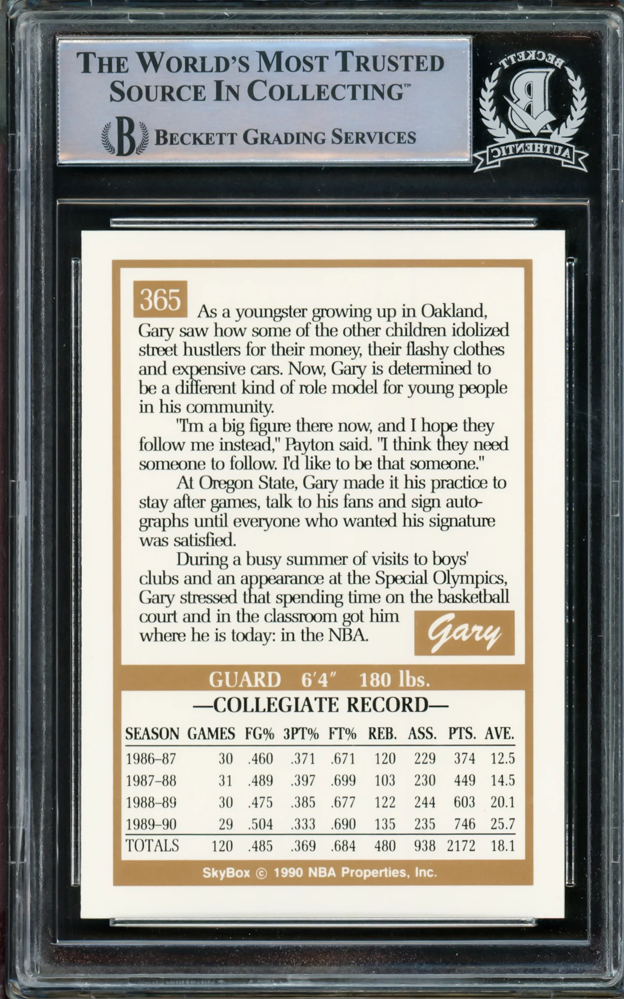Gary Payton Autographed 1990-91 Skybox Rookie Card #365 Seattle Supersonics Beckett BAS Stock #209779 - Image 2