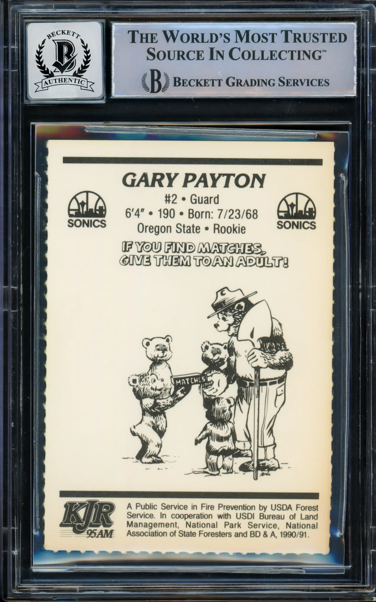 Gary Payton Autographed 1990-91 Smokey The Bear Rookie Card #14 Seattle Supersonics Auto Grade Gem Mint 10 Beckett BAS #14868893 - Image 2