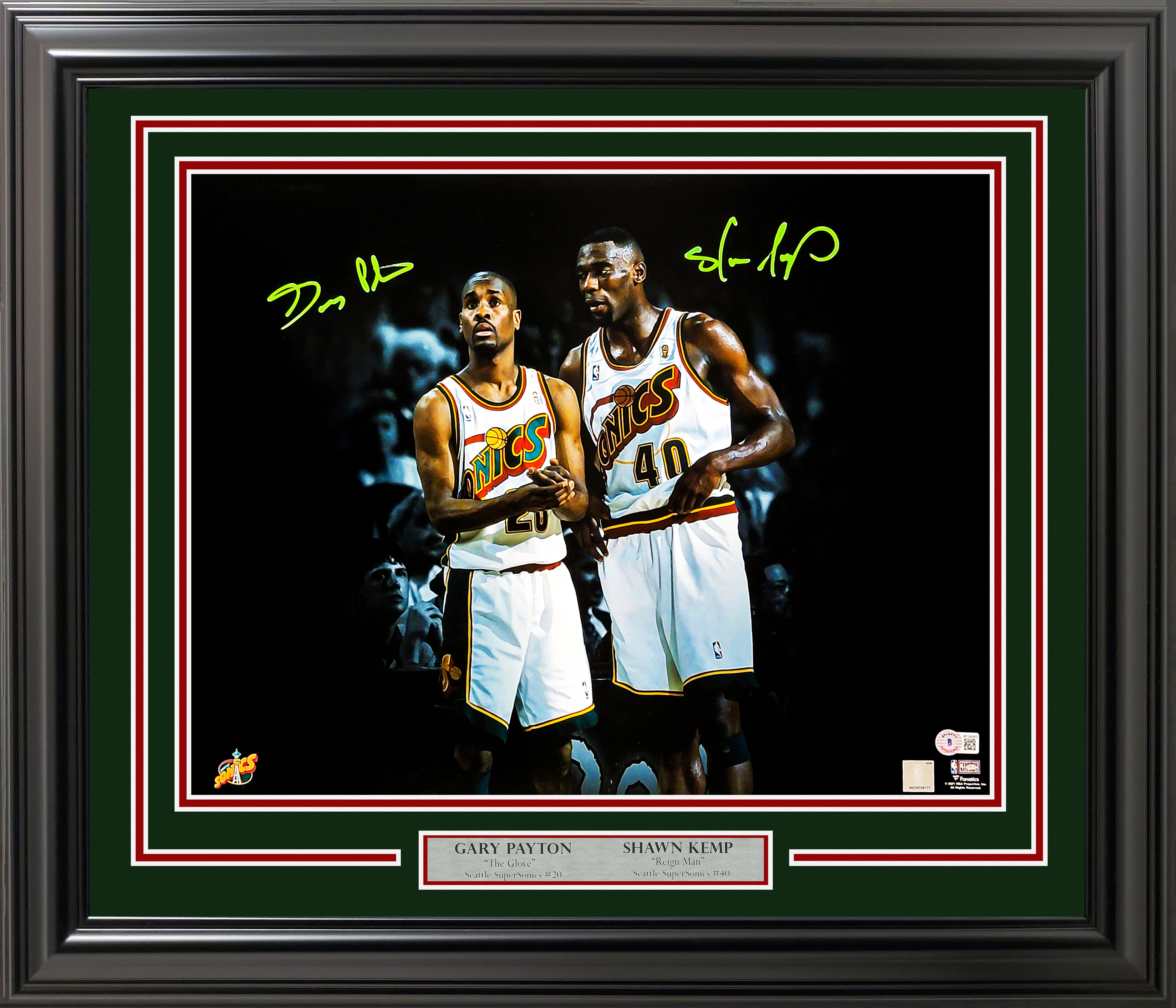 Gary Payton & Shawn Kemp Autographed Framed 16x20 Photo Seattle Supersonics Beckett BAS QR Stock #256674
