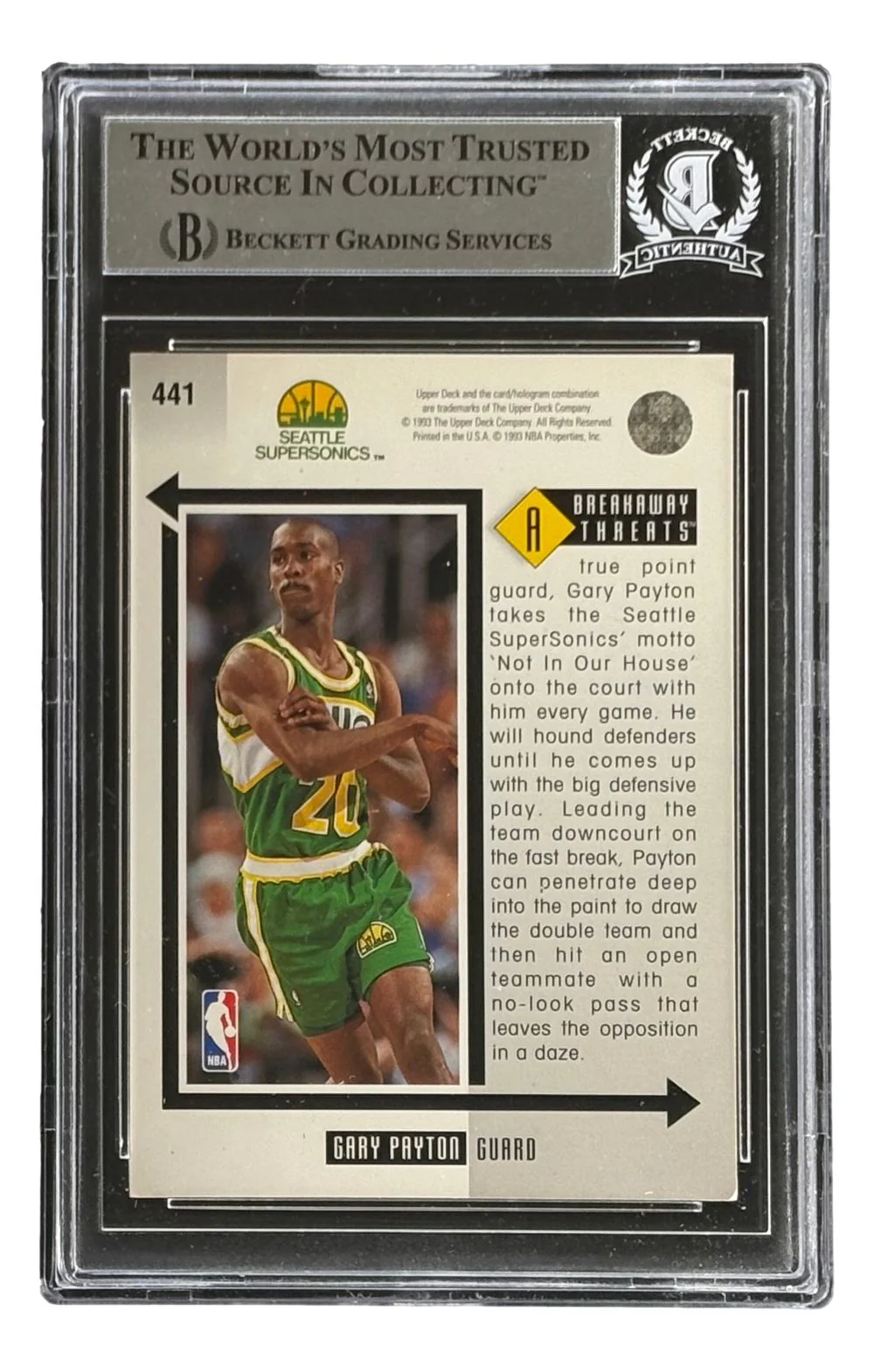 Gary Payton Signed 1993/94 Upper Deck #441 Seattle Sonics Trading Card HOF 2013 BAS - Image 2