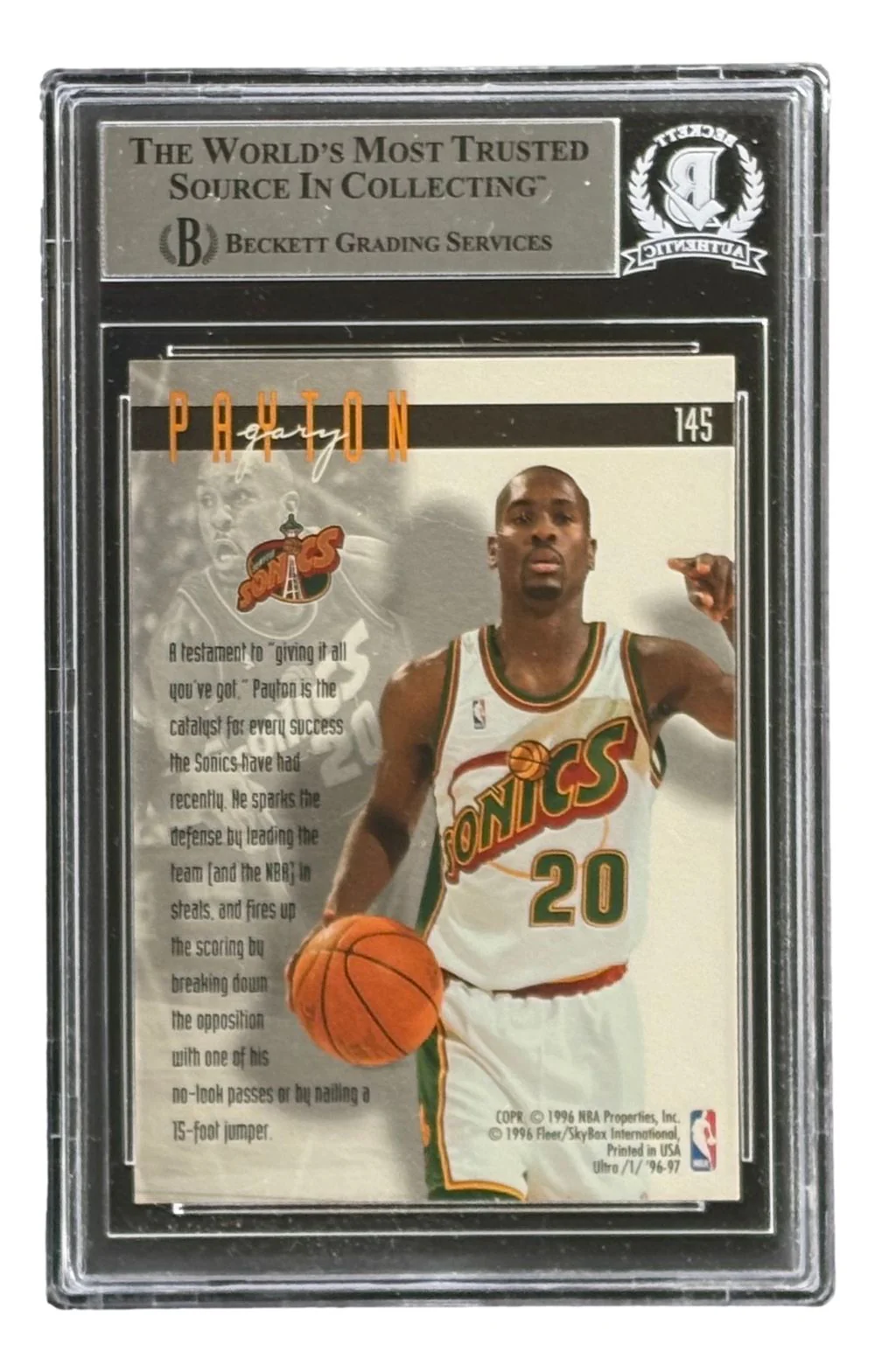 Gary Payton Signed 1996/97 Ultra #145 Seattle Sonics Trading Card HOF 2013 BAS - Image 2