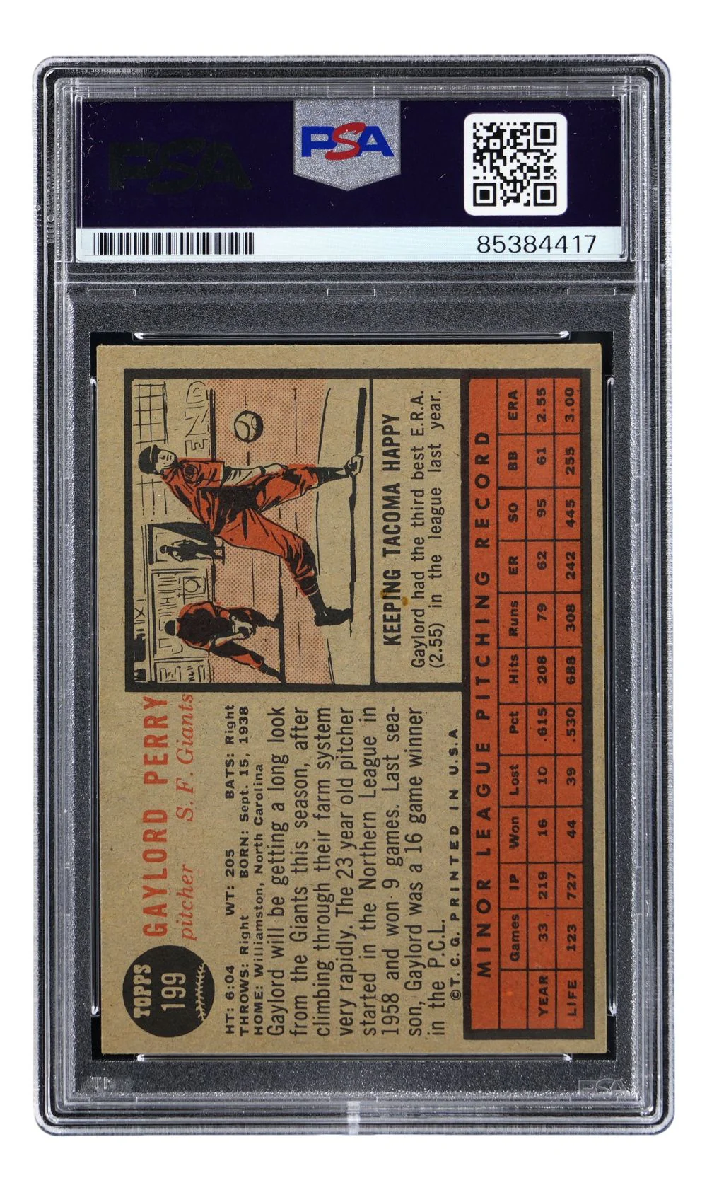 Gaylord Perry Signed 1962 Topps #199 San Francisco Giants Rookie Card PSA - Image 2