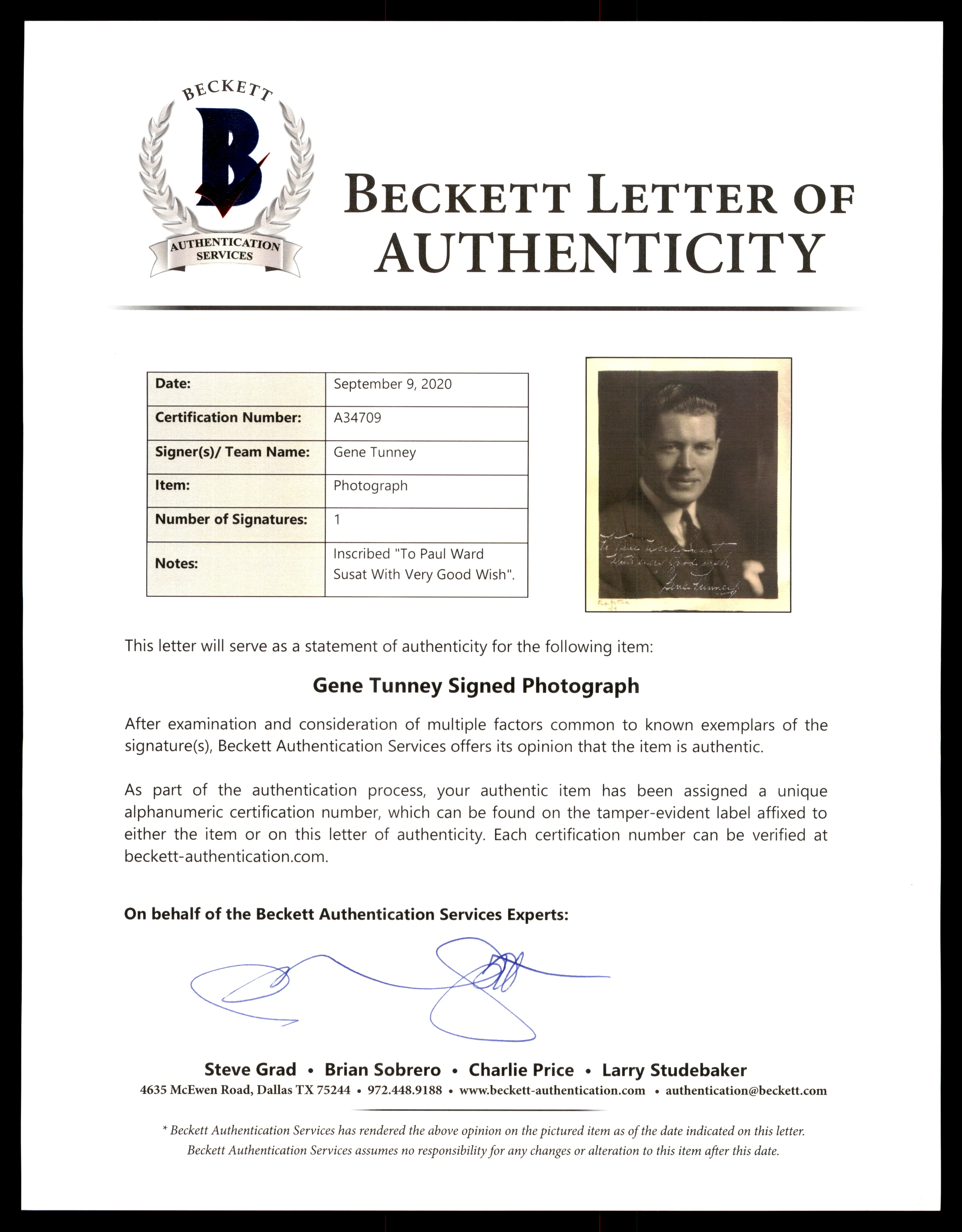 Gene Tunney Autographed 8x10 Photo "To Paul" Vintage Signature Beckett BAS #A34709 - Image 3