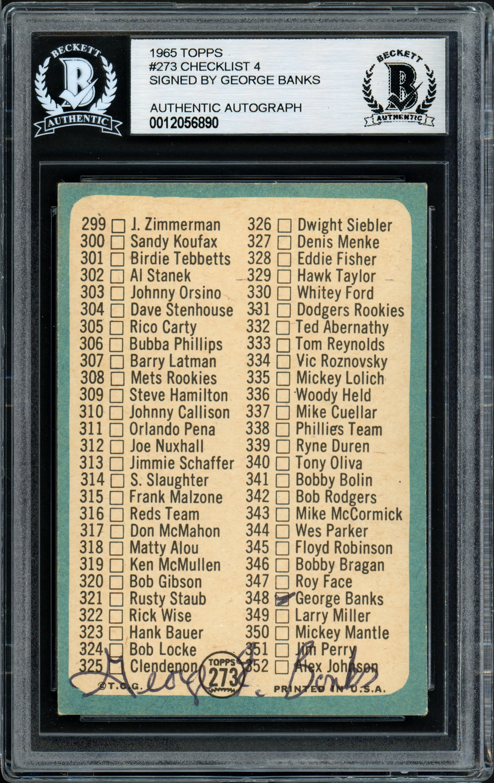 George Banks Autographed 1965 Topps Checklist Card #273 Cleveland Indians Beckett BAS #12056890