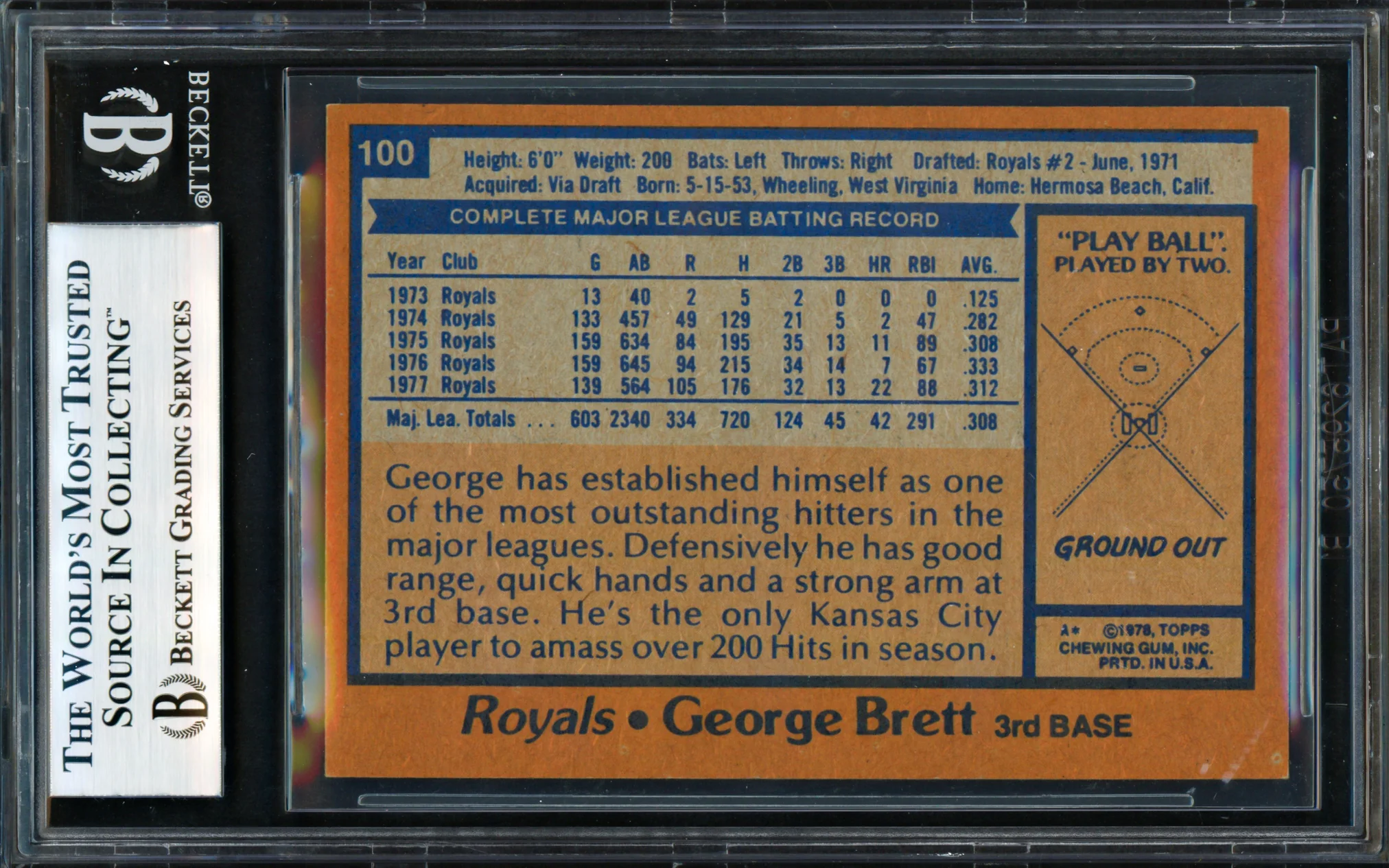 George Brett Autographed 1978 Topps Card #100 Kansas City Royals Beckett BAS #18278880 - Image 2