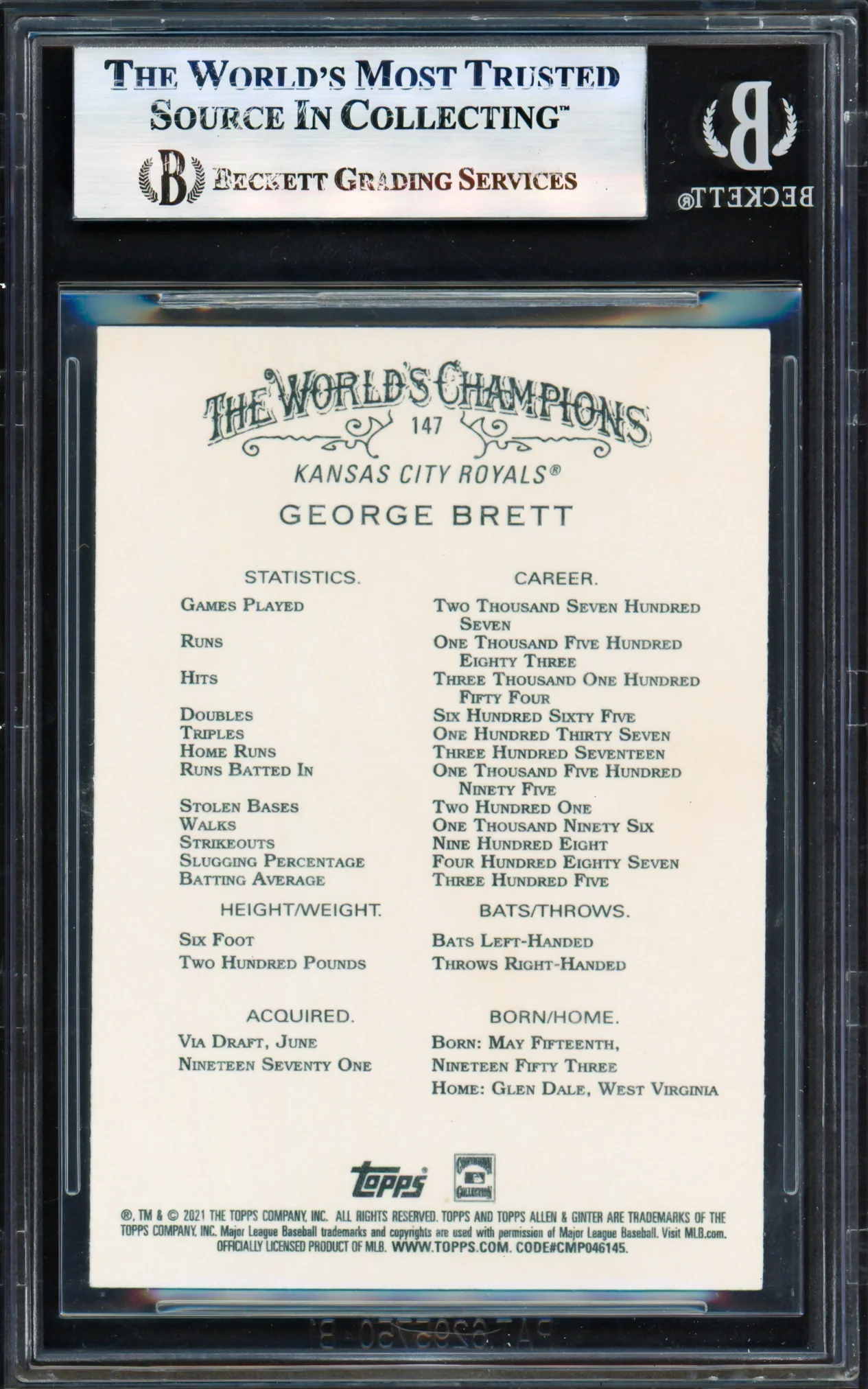George Brett Autographed 2021 Topps Allen & Ginter Card #147 Kansas City Royals Beckett BAS #17830819 - Image 2