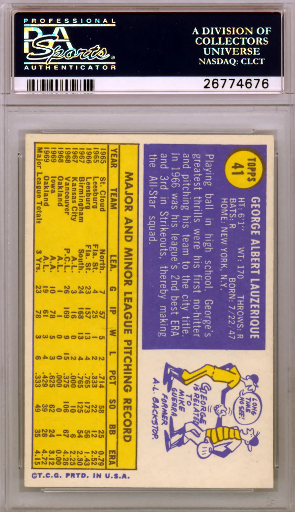 George Lauzerique Autographed 1970 Topps Card #41 Oakland A's PSA/DNA #26774676 - Image 2