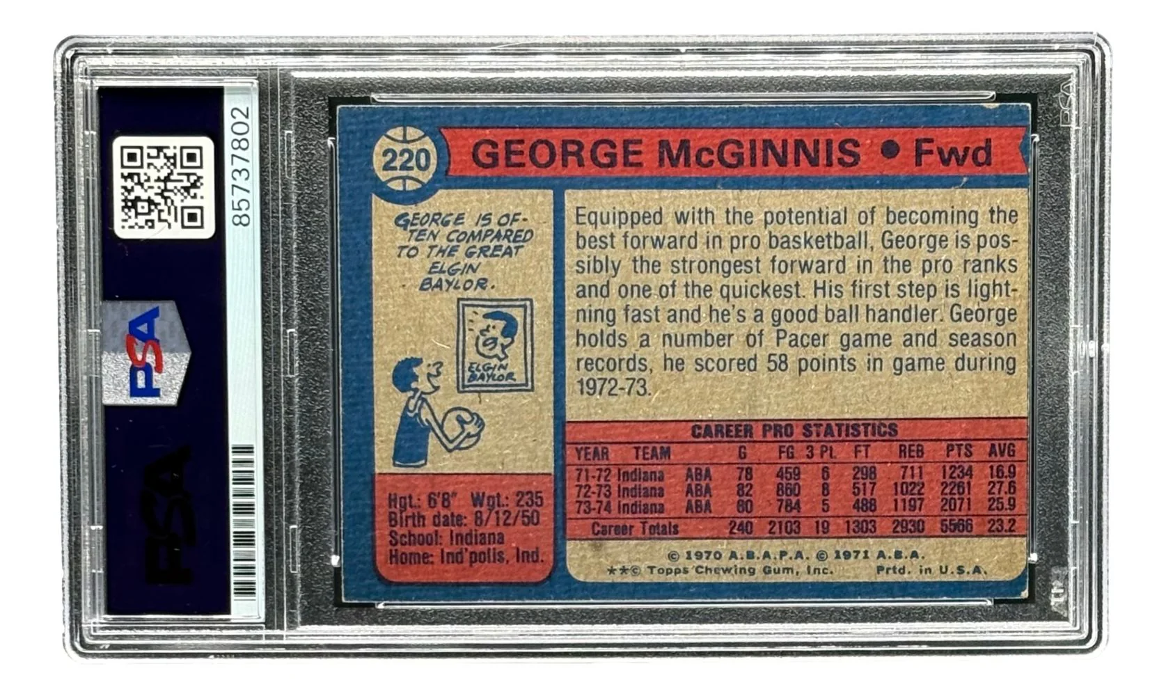 George McGinnis Signed 1974/75 Topps #220 Pacers Trading Card PSA/DNA - Image 2