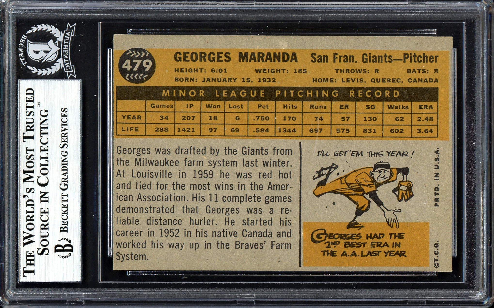 Georges Maranda Autographed 1960 Topps Rookie Card #479 San Francisco Giants Beckett BAS #13608556 - Image 2