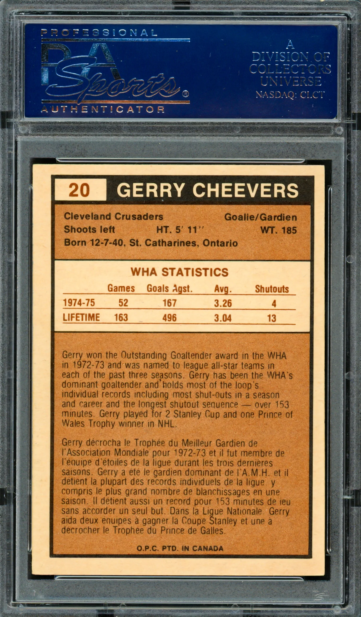 Gerry Cheevers Autographed 1975-76 O-Pee-Chee WHA Card #20 Cleveland Crusaders PSA/DNA #83466477 - Image 2