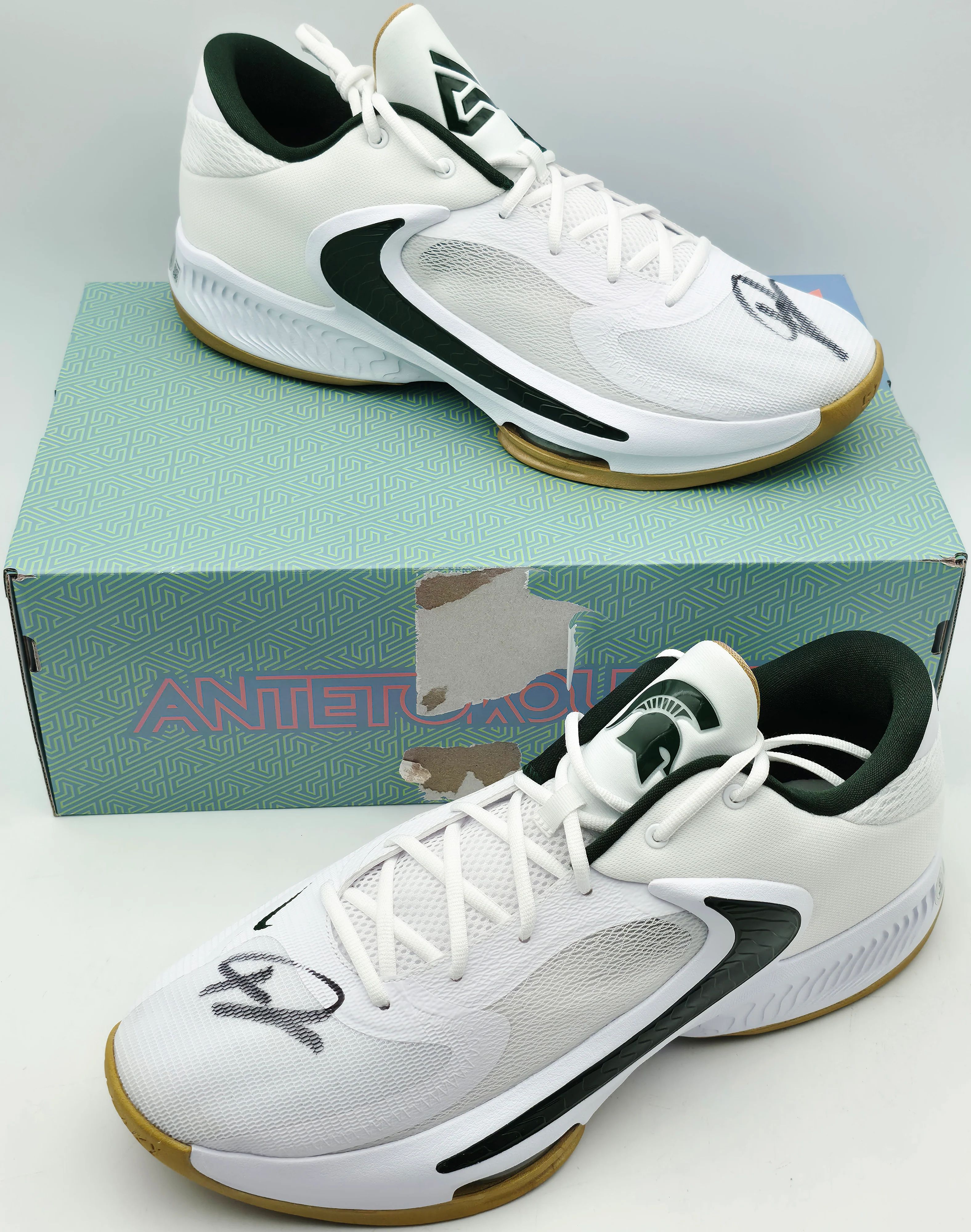 Giannis Antetokounmpo Autographed 2022 Player Exclusive (PE) Promo Michigan State White & Pro Green Nike Zoom Freak 4 NCAA SOS Shoes Size 16 (With Box) Beckett BAS Witness #3W396969 & #3W396970