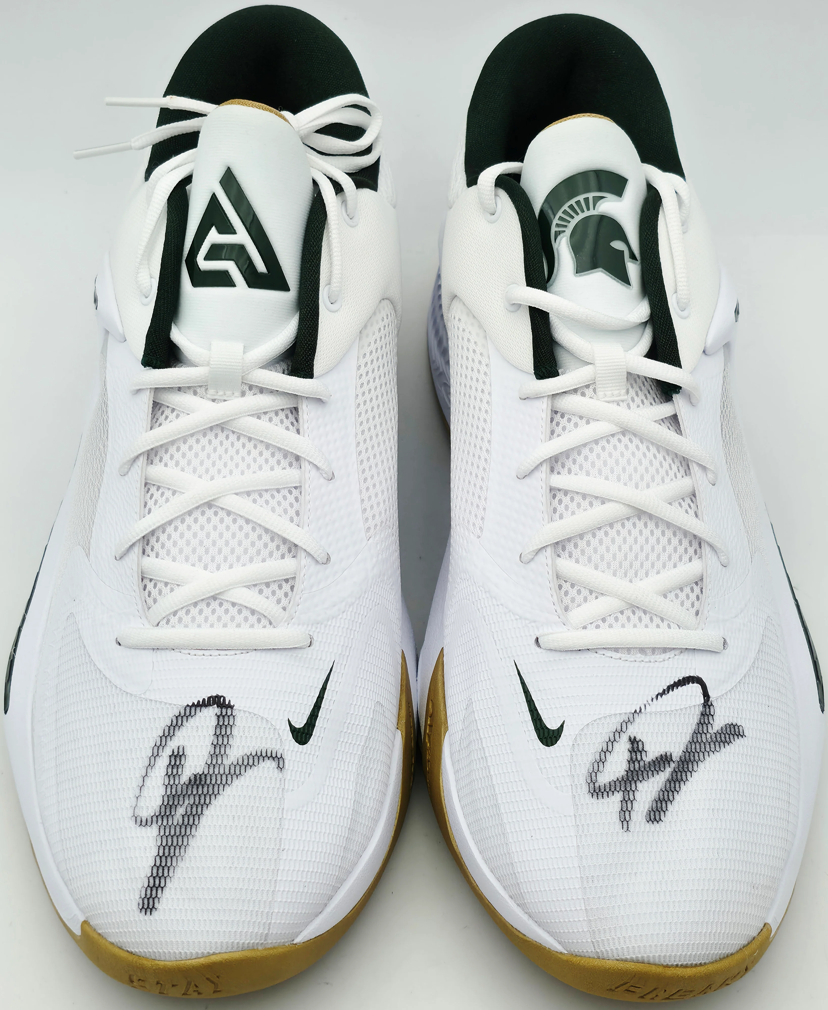 Giannis Antetokounmpo Autographed 2022 Player Exclusive (PE) Promo Michigan State White & Pro Green Nike Zoom Freak 4 NCAA SOS Shoes Size 16 (With Box) Beckett BAS Witness #3W396969 & #3W396970 - Image 3