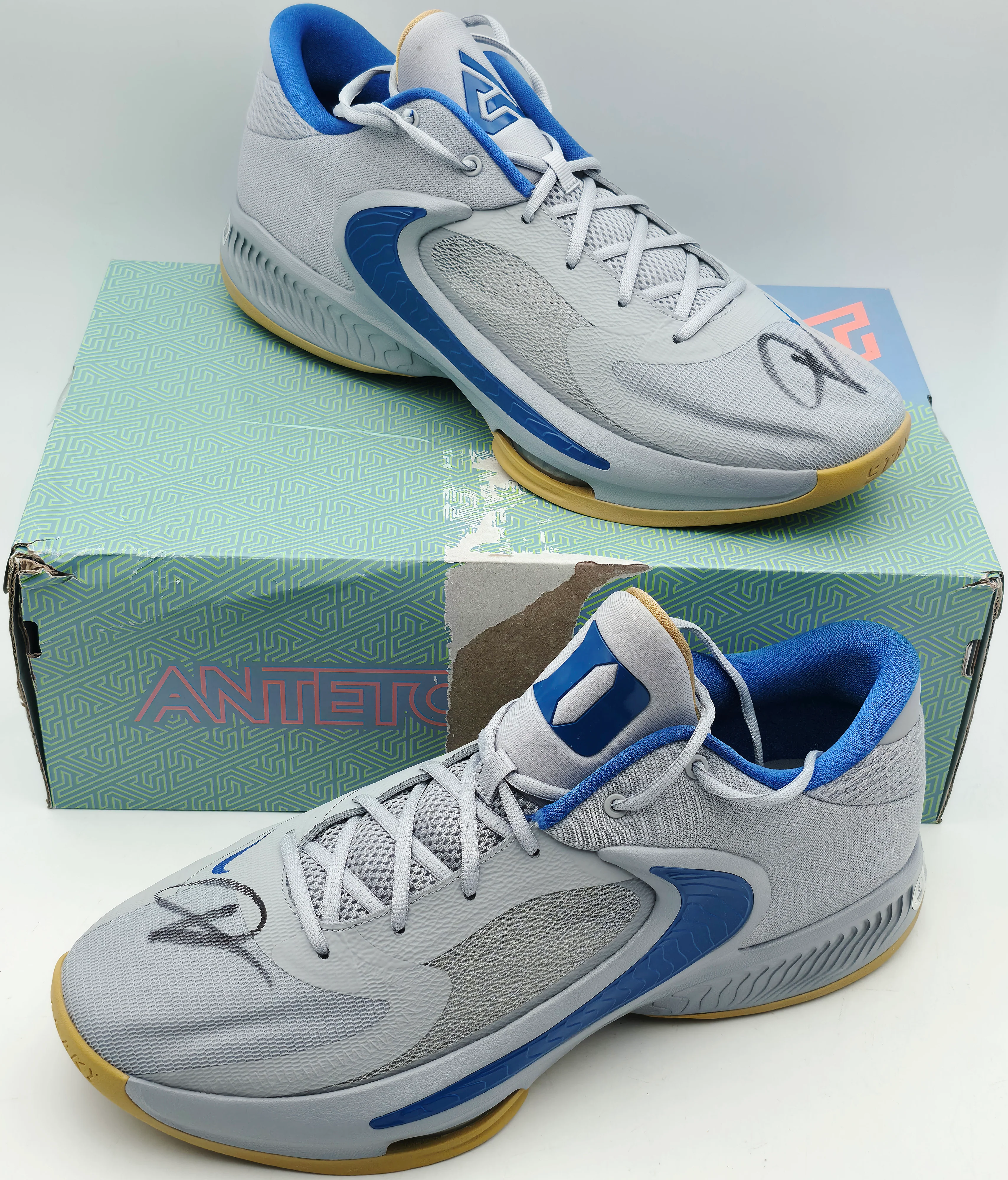 Giannis Antetokounmpo Autographed 2022 Player Exclusive (PE) Promo Duke Blue Devils Wolf Nike Zoom Freak 4 NCAA SOS Shoes Size 16 (With Box) Beckett BAS Witness #3W399782 & #3W399783