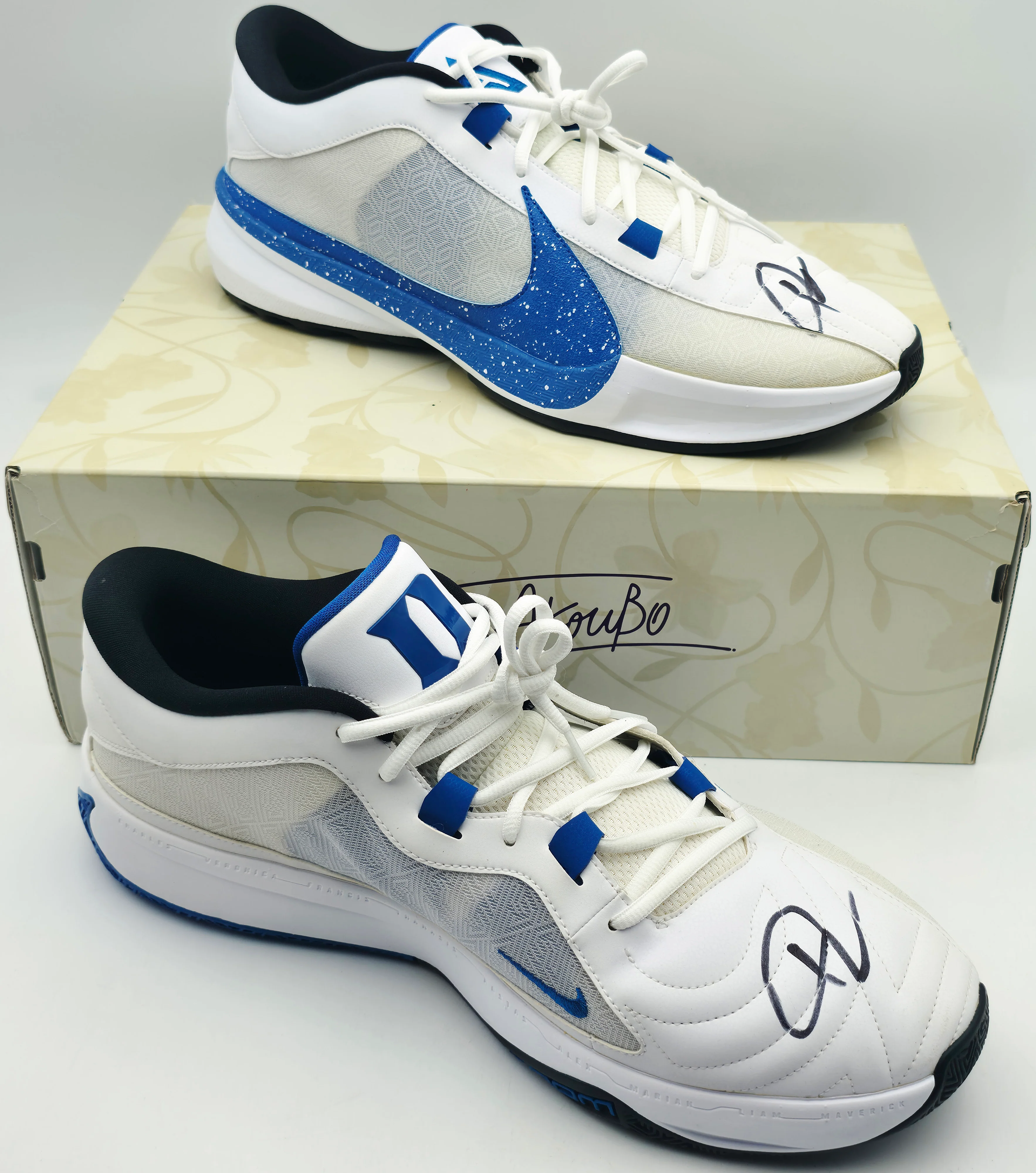 Giannis Antetokounmpo Autographed 2023 Player Exclusive (PE) Promo Duke Blue Devils White, Game Royal & Wh Nike Zoom Freak 5 NCAA 1 Shoes Size 17 (With Box) Beckett BAS Witness #3W396654 & #3W396655
