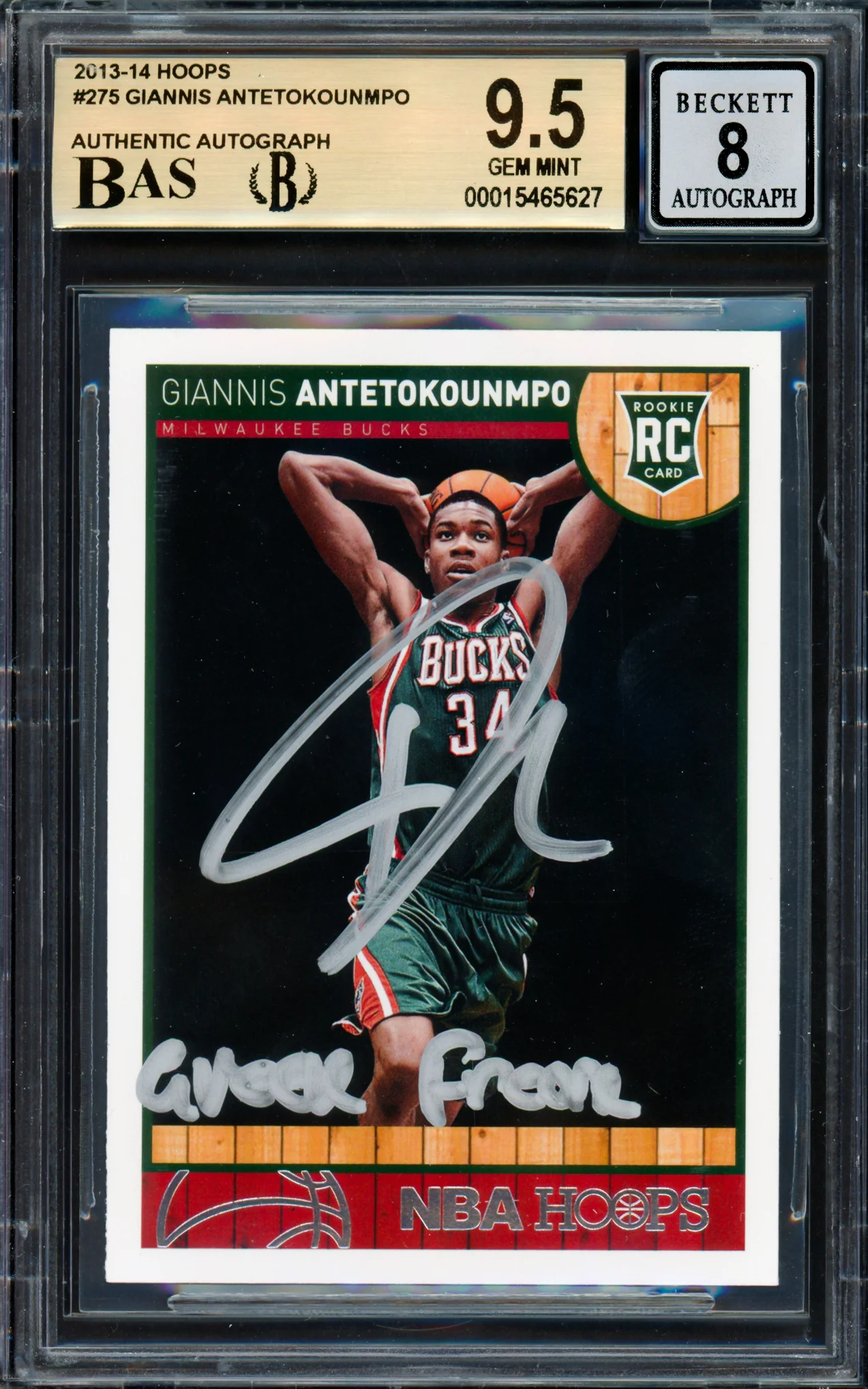 Giannis Antetokounmpo Autographed 2013 Panini Hoops Rookie Card #275 Milwaukee Bucks BGS 9.5 Auto Grade Near Mint/Mint 8 "Greek Freak" Beckett BAS #15465627