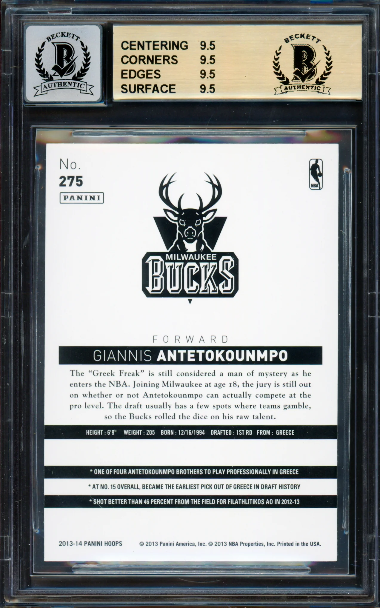 Giannis Antetokounmpo Autographed 2013 Panini Hoops Rookie Card #275 Milwaukee Bucks BGS 9.5 Auto Grade Near Mint/Mint 8 "Greek Freak" Beckett BAS #15465627 - Image 2