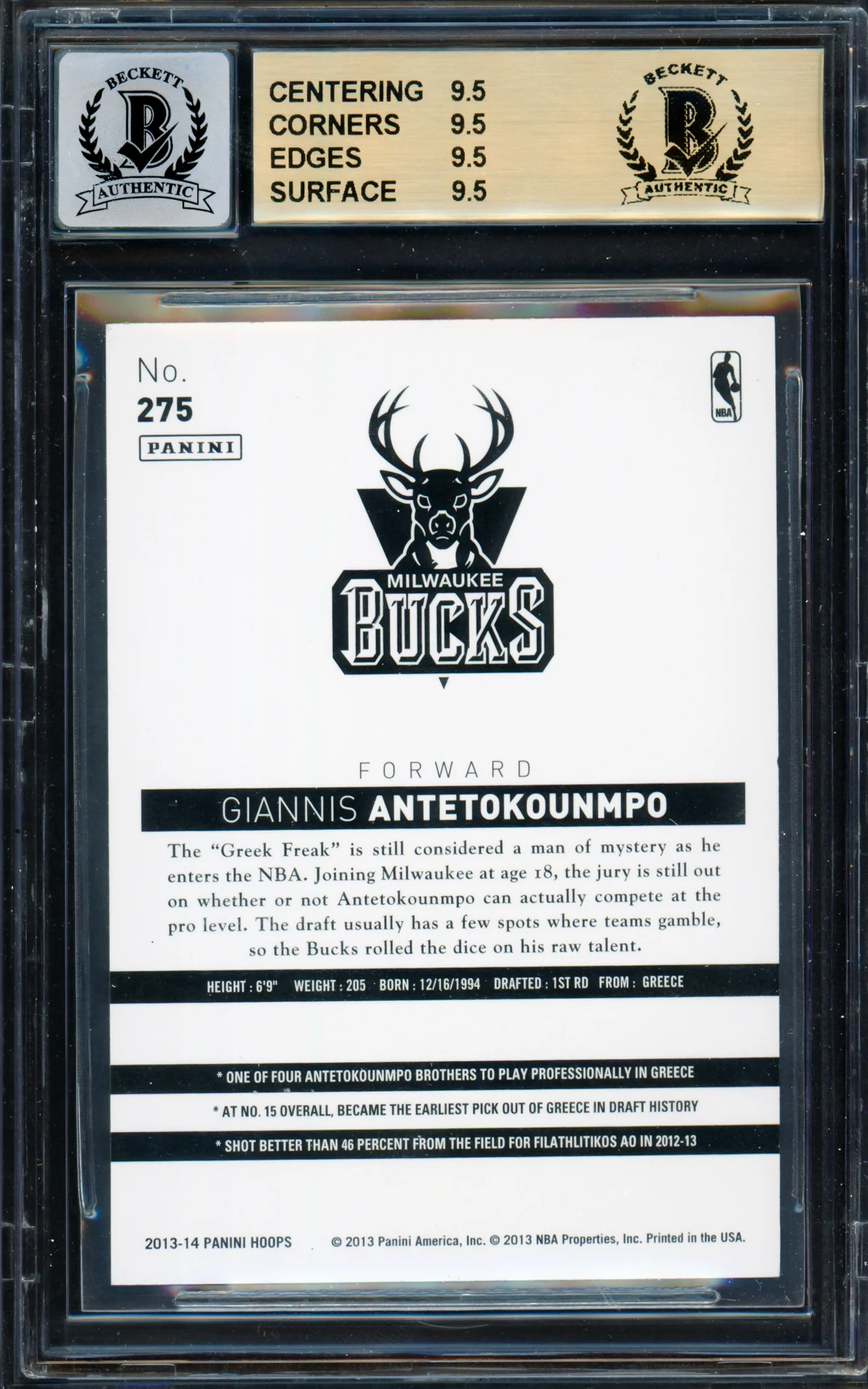 Giannis Antetokounmpo Autographed 2013 Panini Hoops Rookie Card #275 Milwaukee Bucks BGS 9.5 Auto Grade Near Mint/Mint 8 "Greek Freak" Beckett BAS #15465629 - Image 2