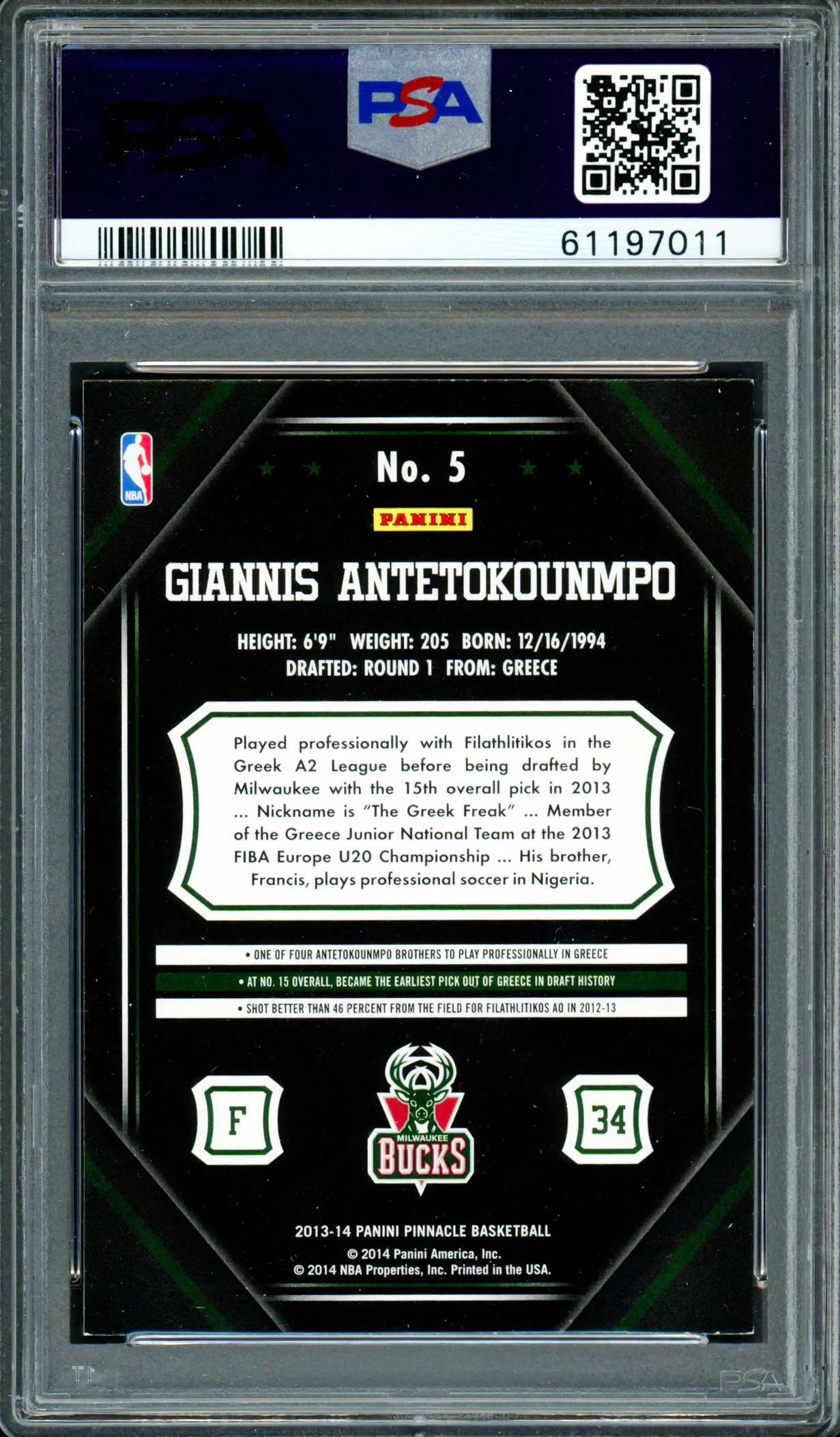 Giannis Antetokounmpo Autographed 2013 Panini Pinnacle Rookie Card #5 Milwaukee Bucks Auto Grade Gem Mint 10 PSA/DNA Stock #262000 - Image 2