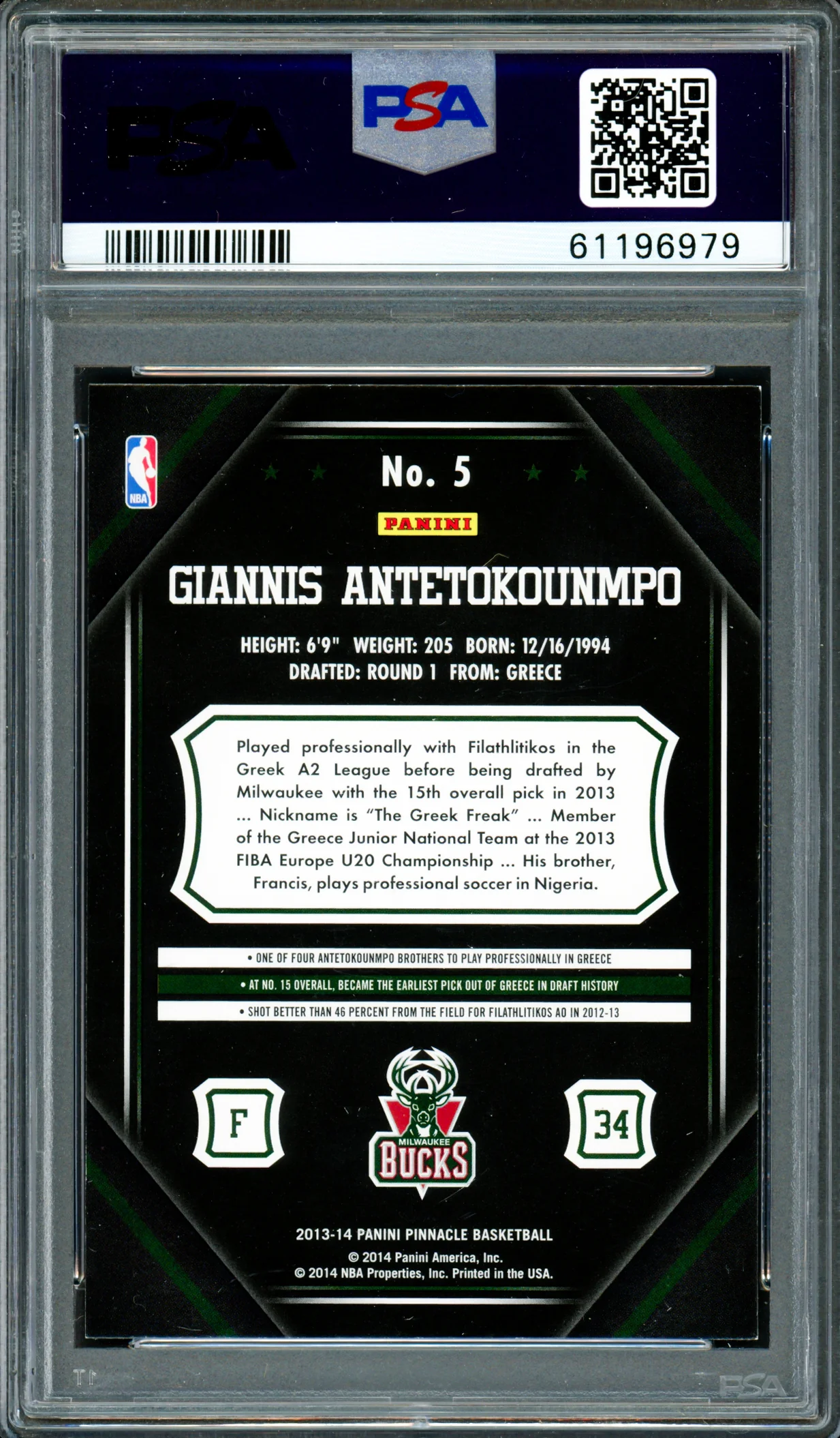 Giannis Antetokounmpo Autographed 2013 Panini Pinnacle Rookie Card #5 Milwaukee Bucks Auto Grade Mint 9 PSA/DNA Stock #262001 - Image 2