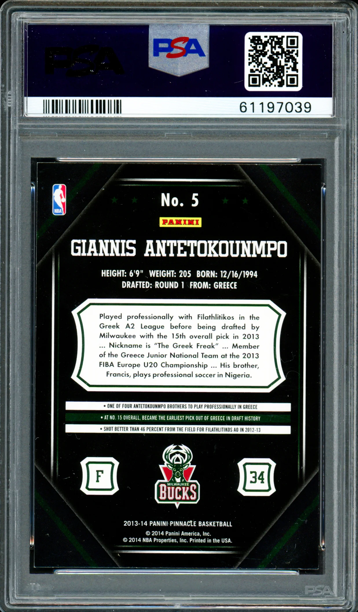 Giannis Antetokounmpo Autographed 2013 Panini Pinnacle Rookie Card #5 Milwaukee Bucks PSA 8 Auto Grade Gem Mint 10 PSA/DNA Stock #261998 - Image 2