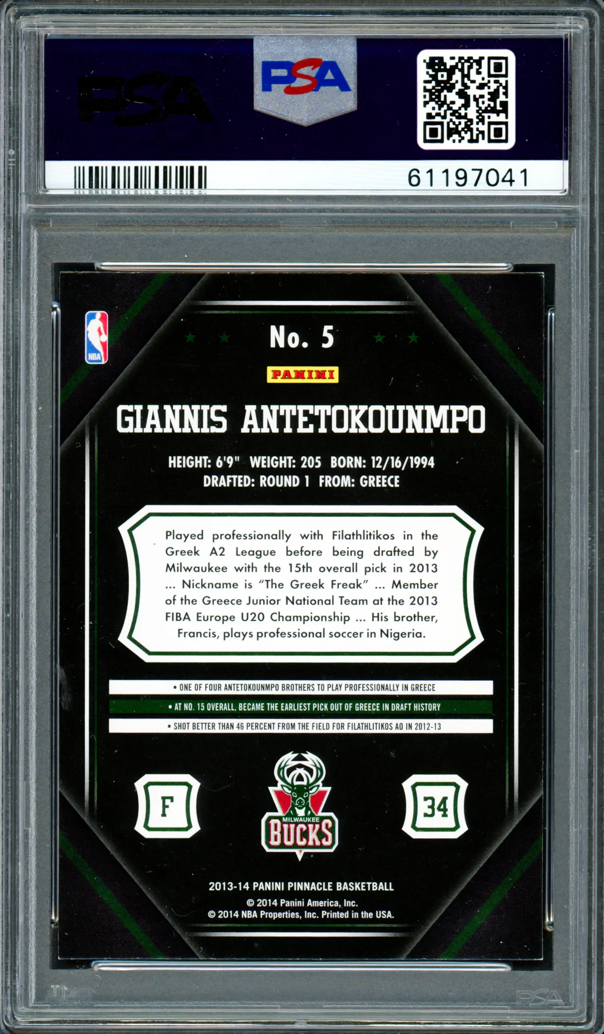 Giannis Antetokounmpo Autographed 2013 Panini Pinnacle Rookie Card #5 Milwaukee Bucks PSA 8 Auto Grade Mint 9 PSA/DNA Stock #261999 - Image 2