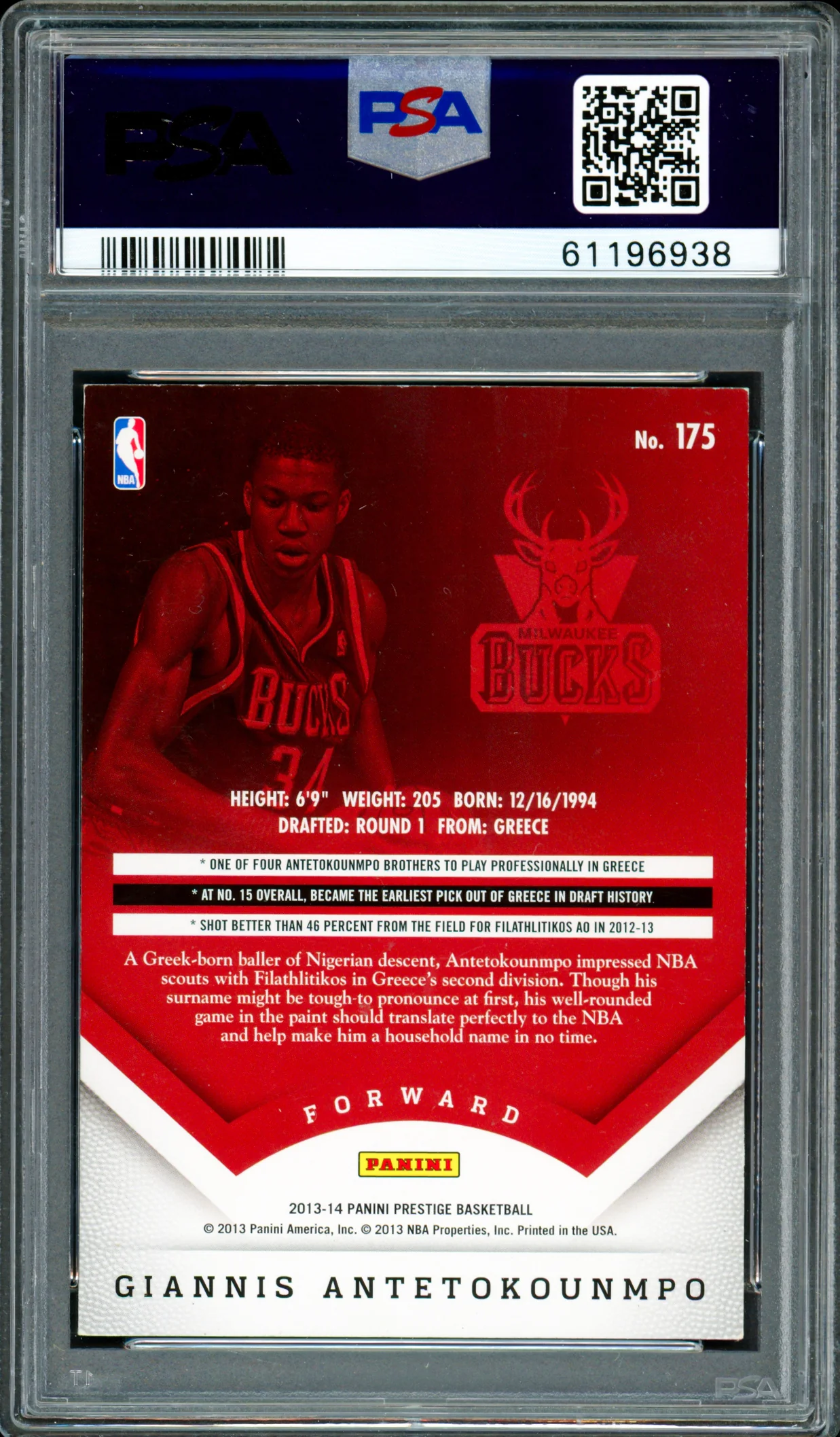 Giannis Antetokounmpo Autographed 2013 Panini Prestige Rookie Card #175 Milwaukee Bucks Auto Grade Gem Mint 10 PSA/DNA Stock #262006 - Image 2