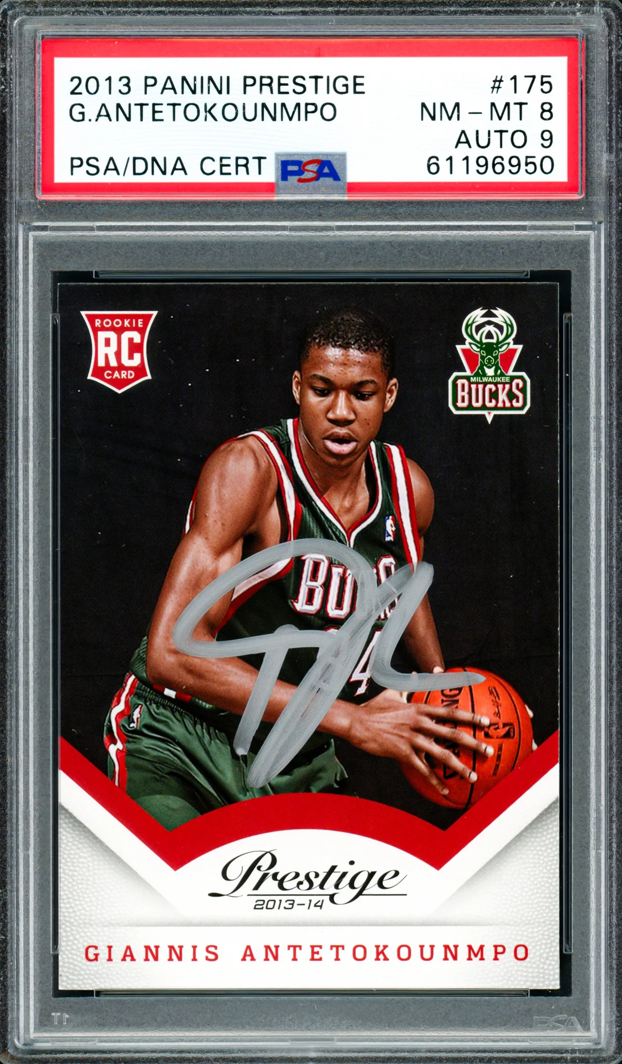 Giannis Antetokounmpo Autographed 2013 Panini Prestige Rookie Card #175 Milwaukee Bucks PSA 8 Auto Grade Mint 9 PSA/DNA Stock #262005