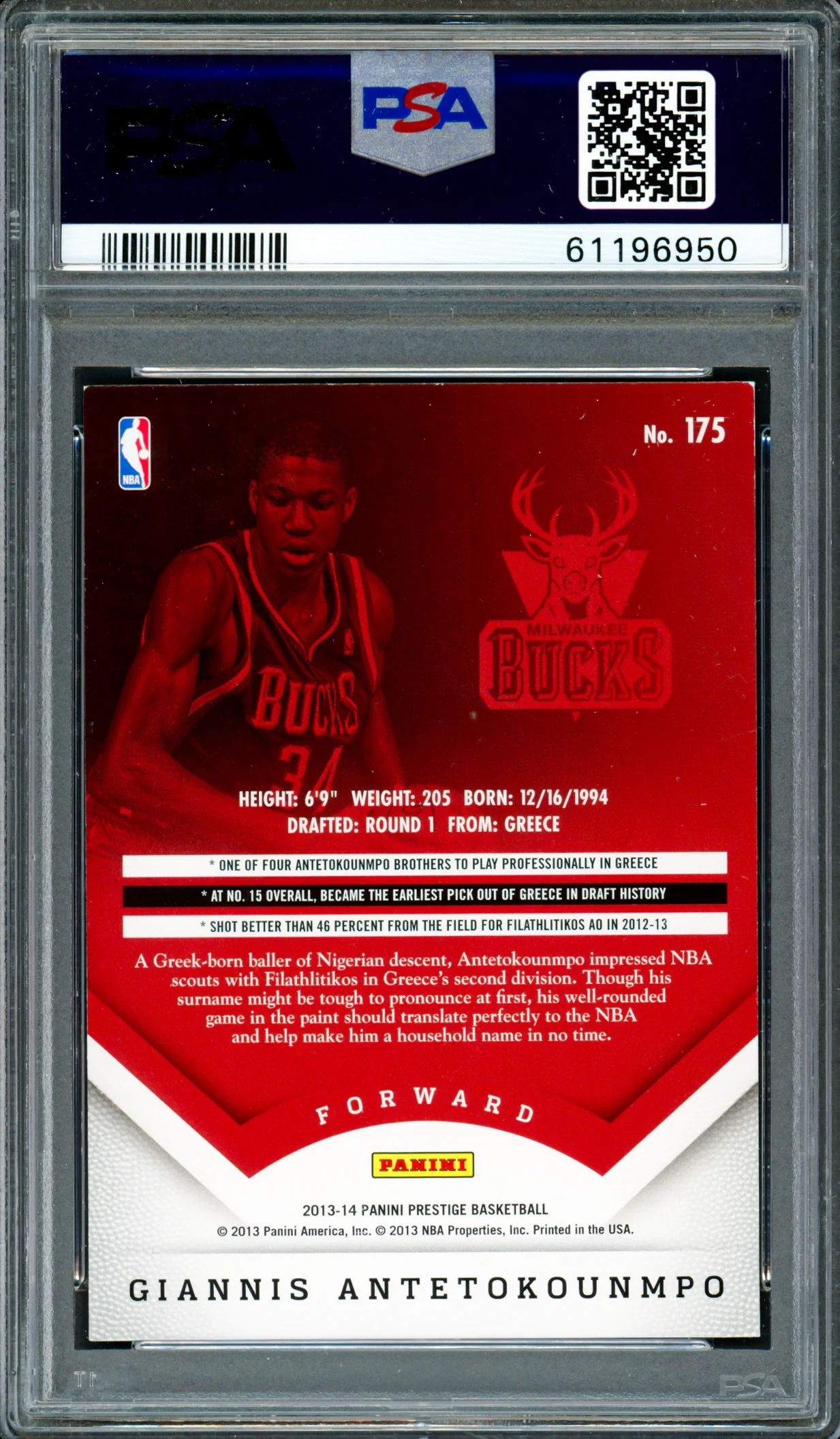 Giannis Antetokounmpo Autographed 2013 Panini Prestige Rookie Card #175 Milwaukee Bucks PSA 8 Auto Grade Mint 9 PSA/DNA Stock #262005 - Image 2