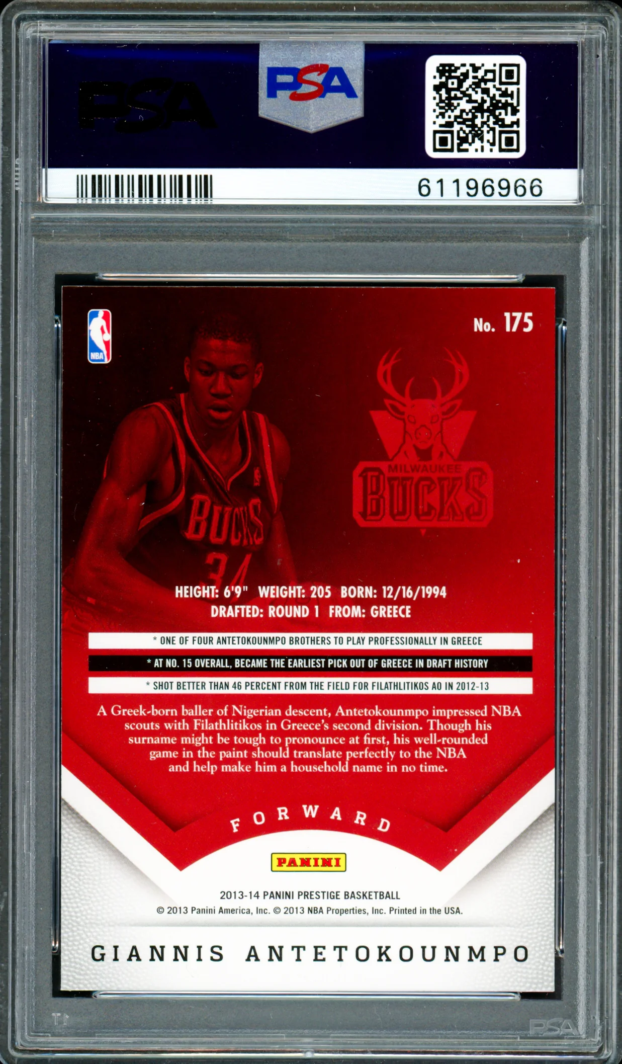 Giannis Antetokounmpo Autographed 2013 Panini Prestige Rookie Card #175 Milwaukee Bucks PSA 9 Auto Grade Gem Mint 10 PSA/DNA Stock #262002 - Image 2