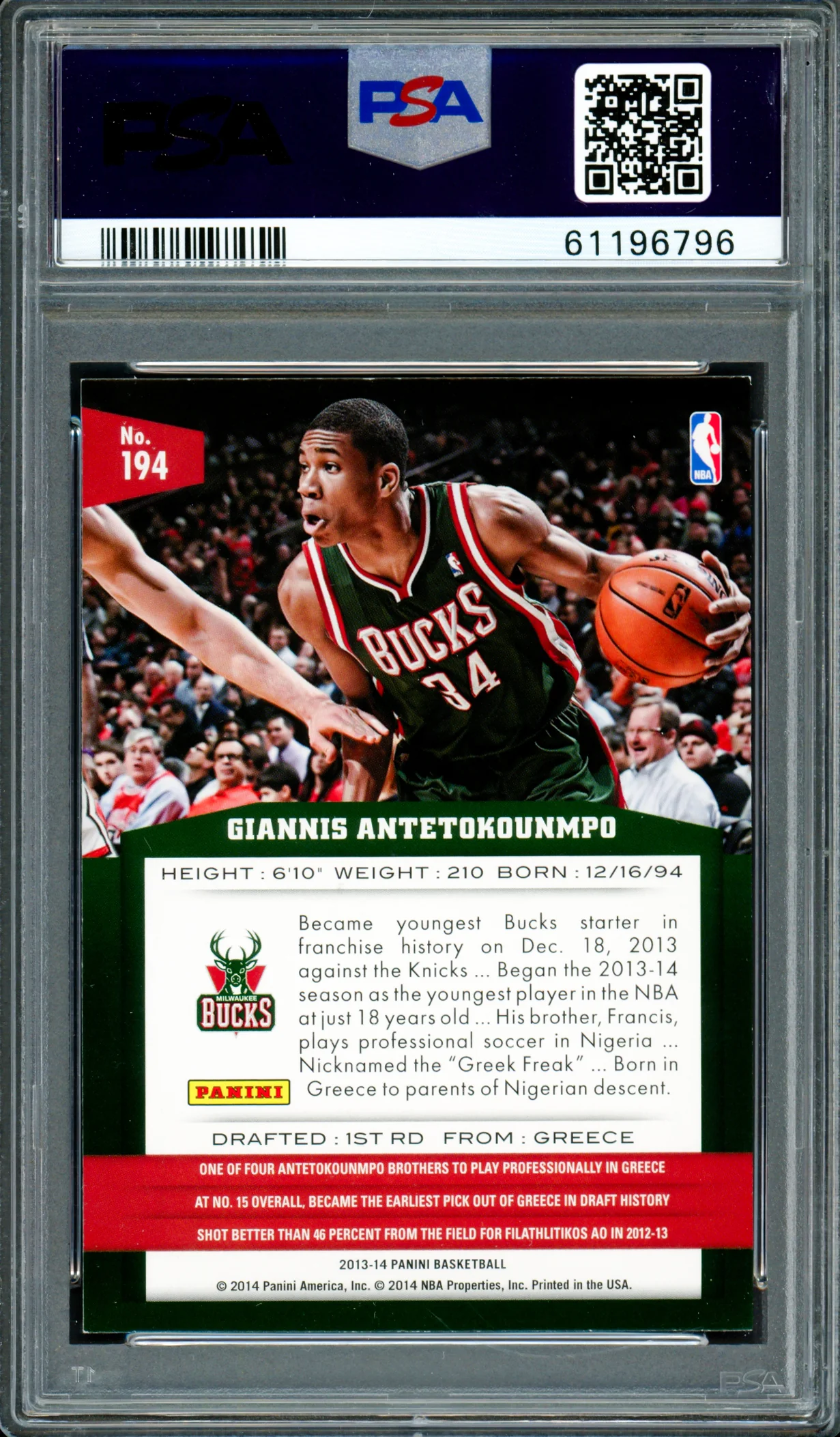 Giannis Antetokounmpo Autographed 2013 Panini Rookie Card #194 Milwaukee Bucks Auto Grade Gem Mint 10 PSA/DNA Stock #261996 - Image 2
