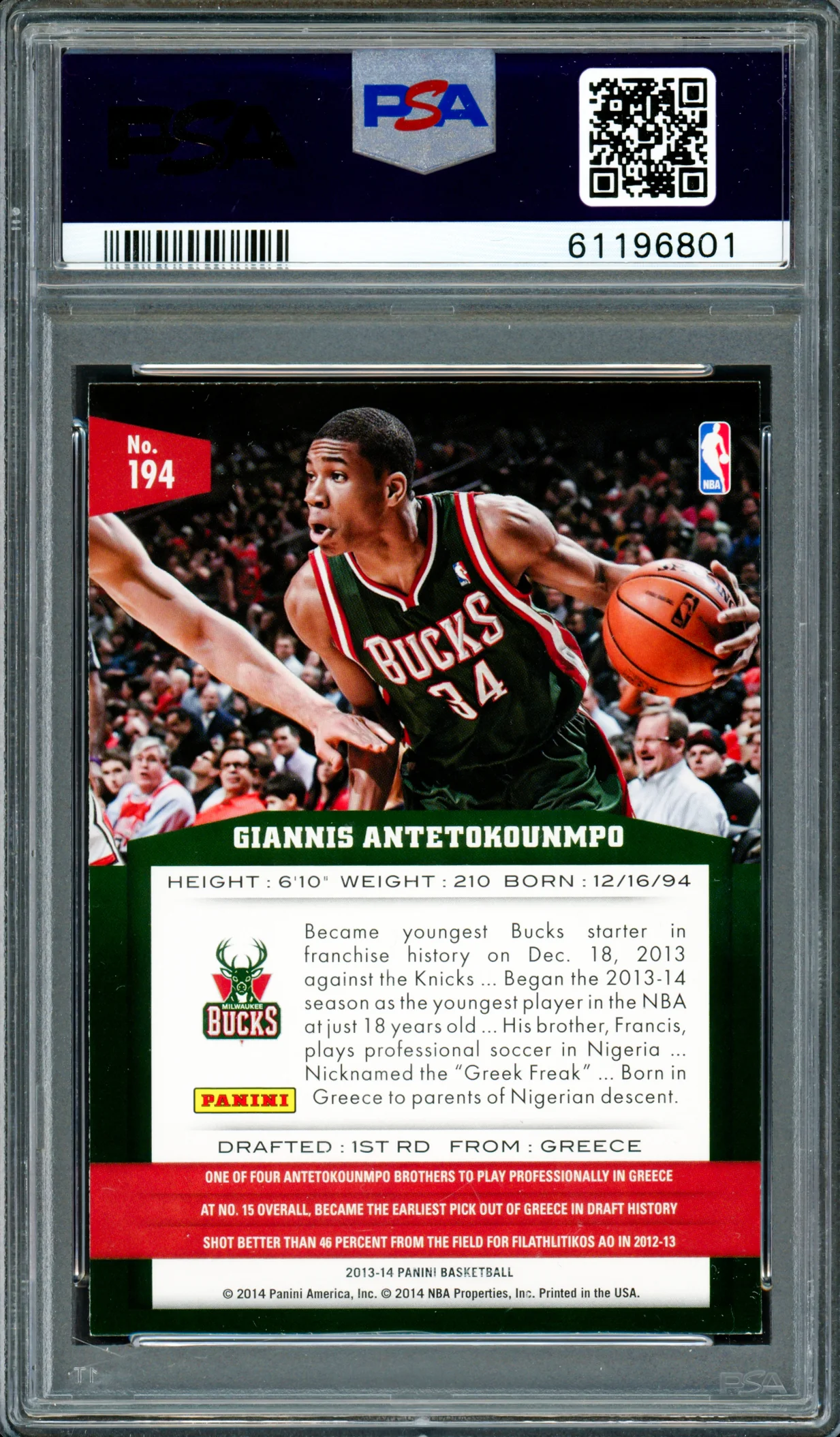 Giannis Antetokounmpo Autographed 2013 Panini Rookie Card #194 Milwaukee Bucks Auto Grade Mint 9 PSA/DNA Stock #261997 - Image 2