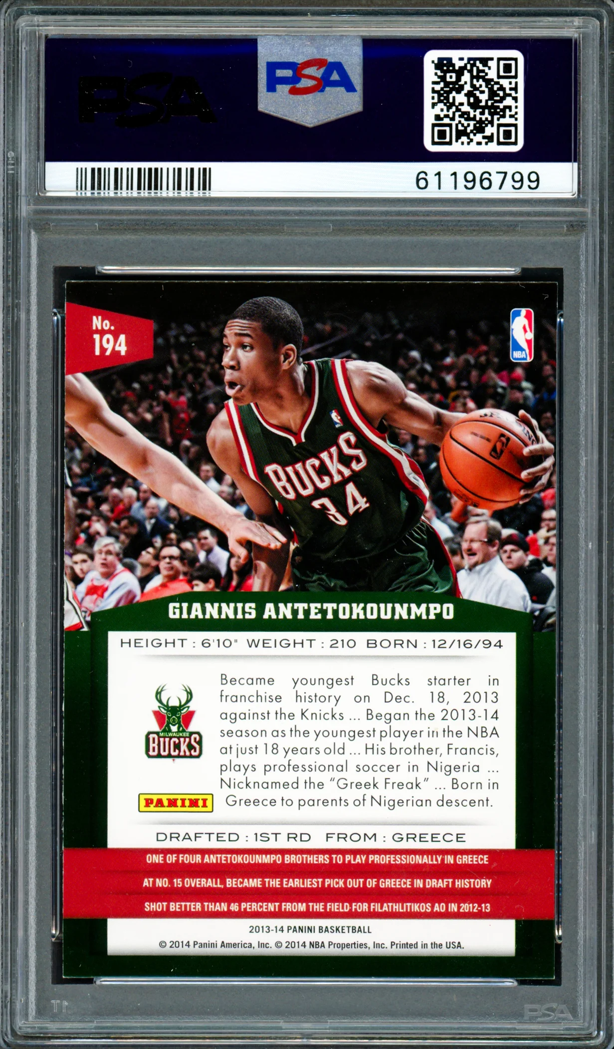 Giannis Antetokounmpo Autographed 2013 Panini Rookie Card #194 Milwaukee Bucks PSA 8 Auto Grade Mint 9 PSA/DNA Stock #261995 - Image 2