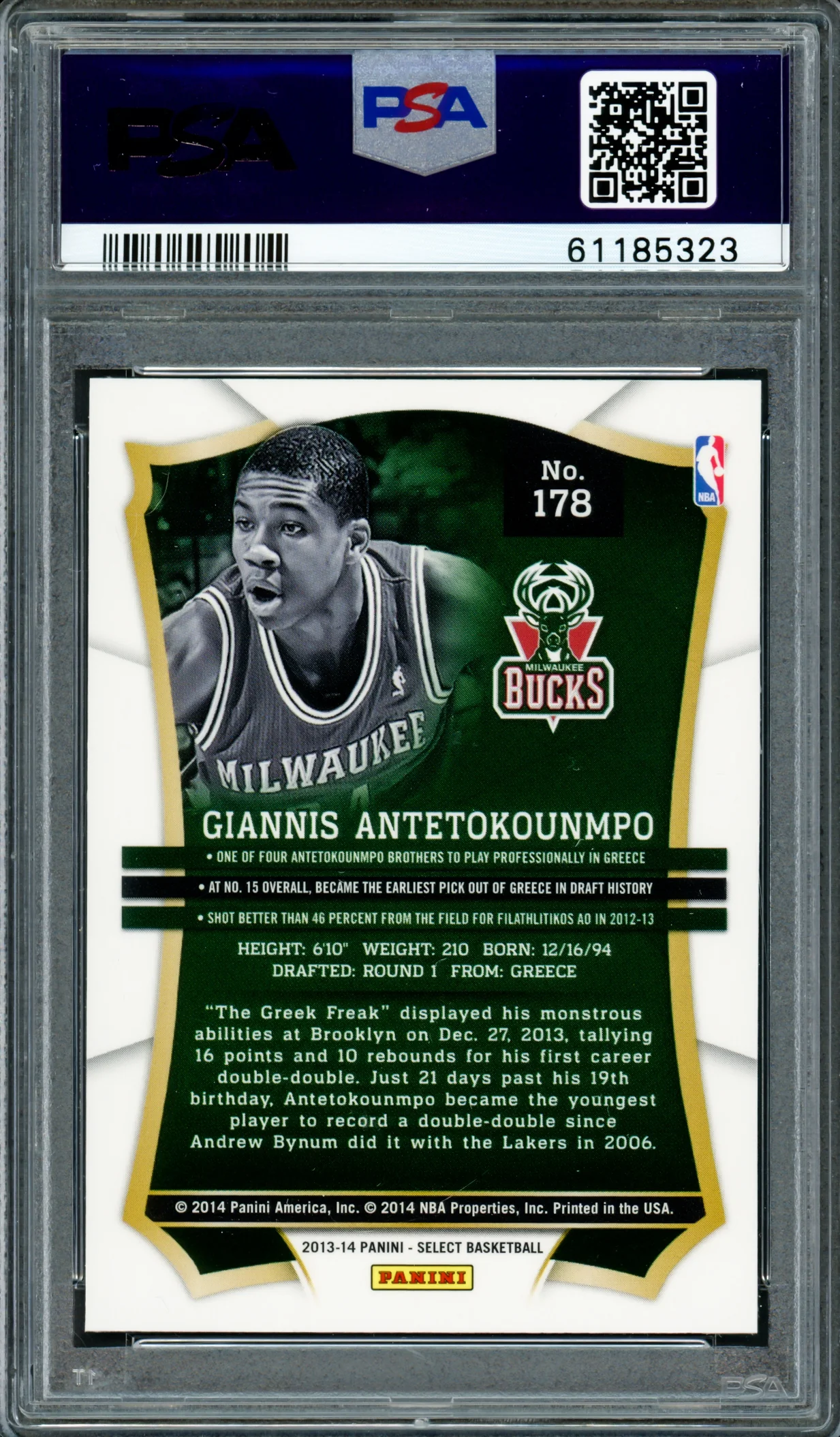 Giannis Antetokounmpo Autographed 2013 Panini Select Rookie Card #178 Milwaukee Bucks PSA 8 Auto Grade Gem Mint 10 "Greek Freak" PSA/DNA #61185323 - Image 4