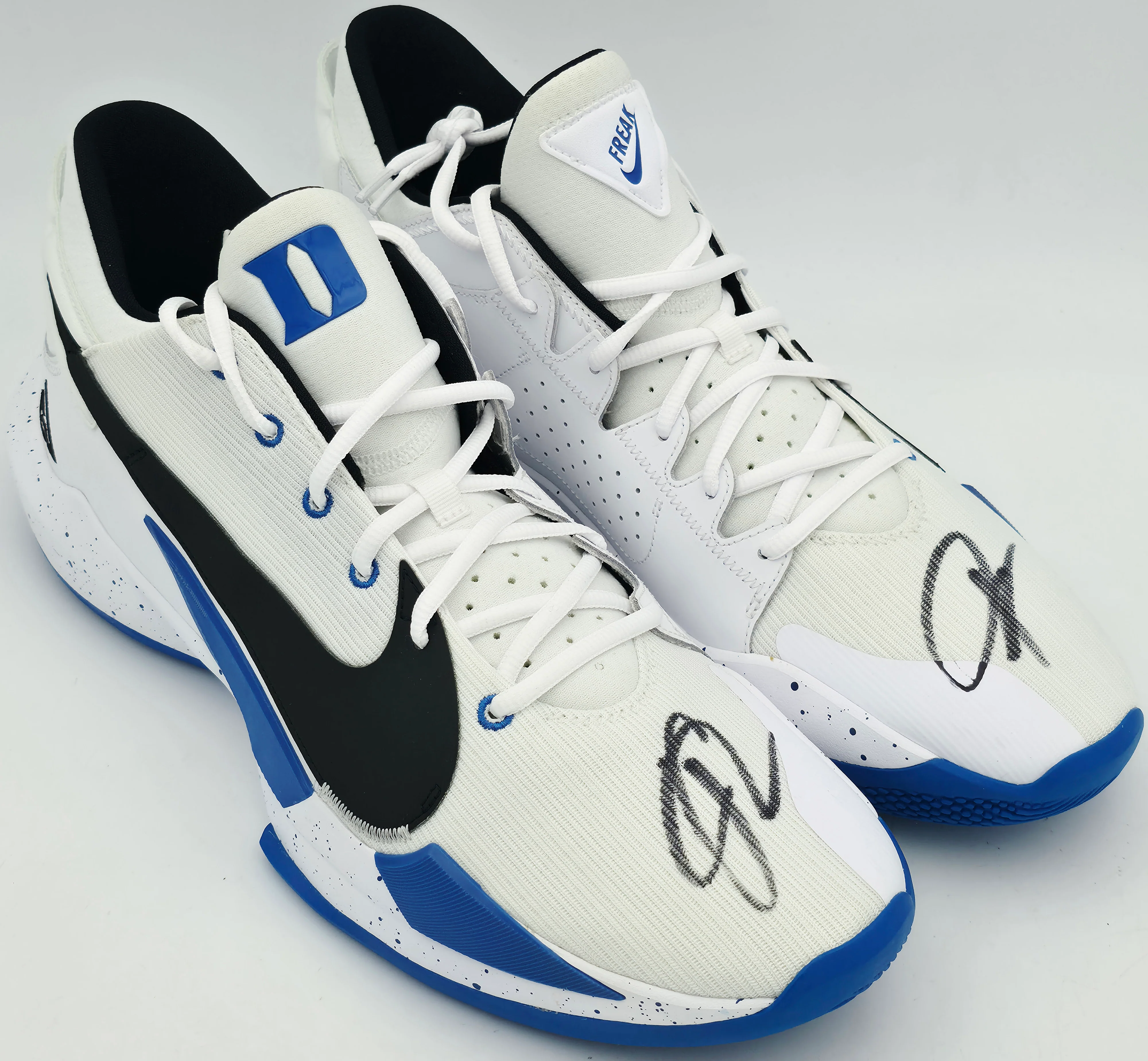 Giannis Antetokounmpo Autographed 2021 Player Exclusive (PE) Promo Duke Blue Devils White, Black & Royal Nike Zoom Freak 2 DUKE SOS Shoes Size 16 (No Box) Beckett BAS Witness #3W396953 & #3W396954