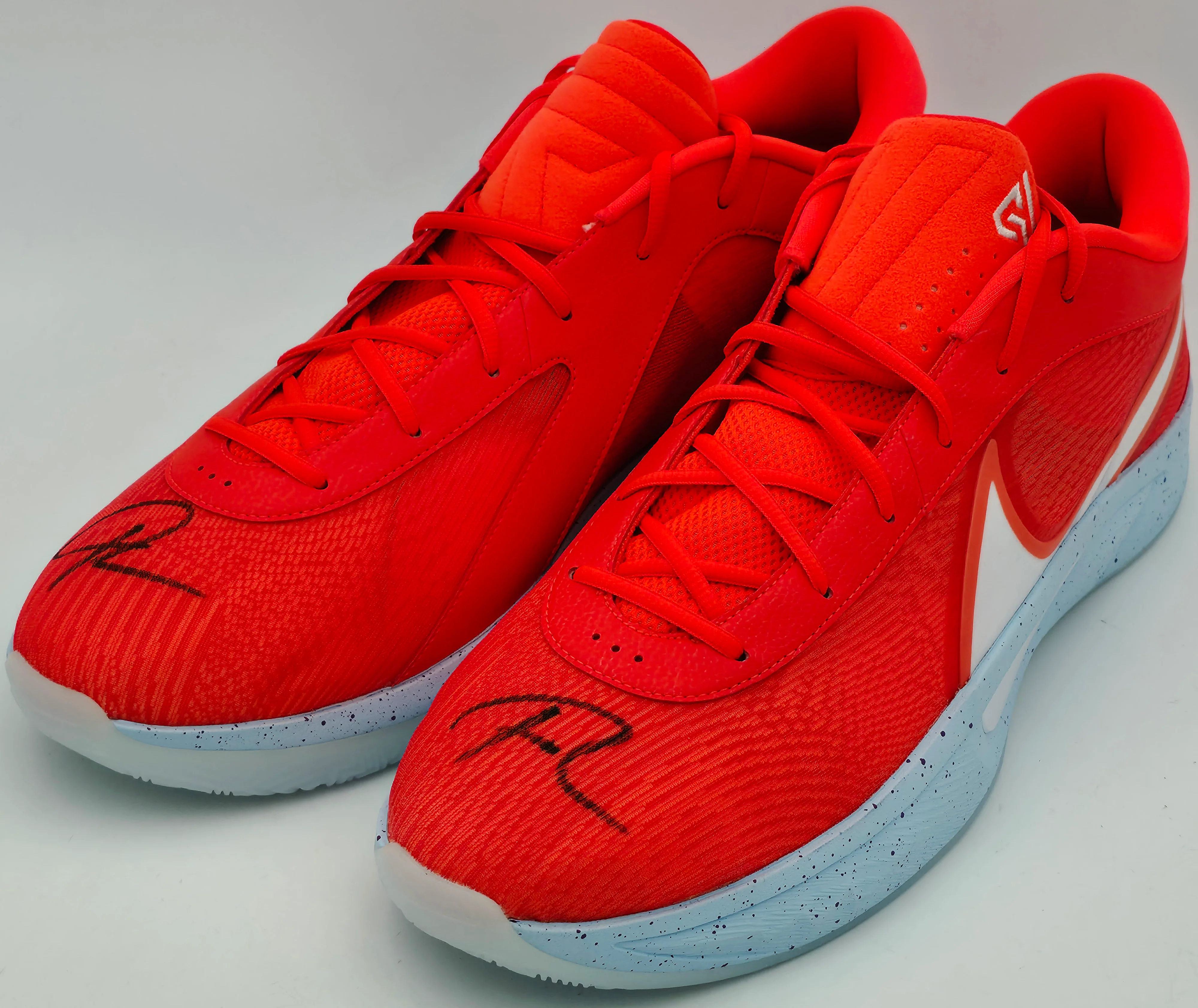 Giannis Antetokounmpo Autographed 2024 Player Exclusive (PE) Promo Bright Crimson, White & Glacier Nike Zoom Freak 6 SOS P Shoes Milwaukee Bucks Size 17 (No Box) Beckett BAS Witness #3W396865 & #3W396866