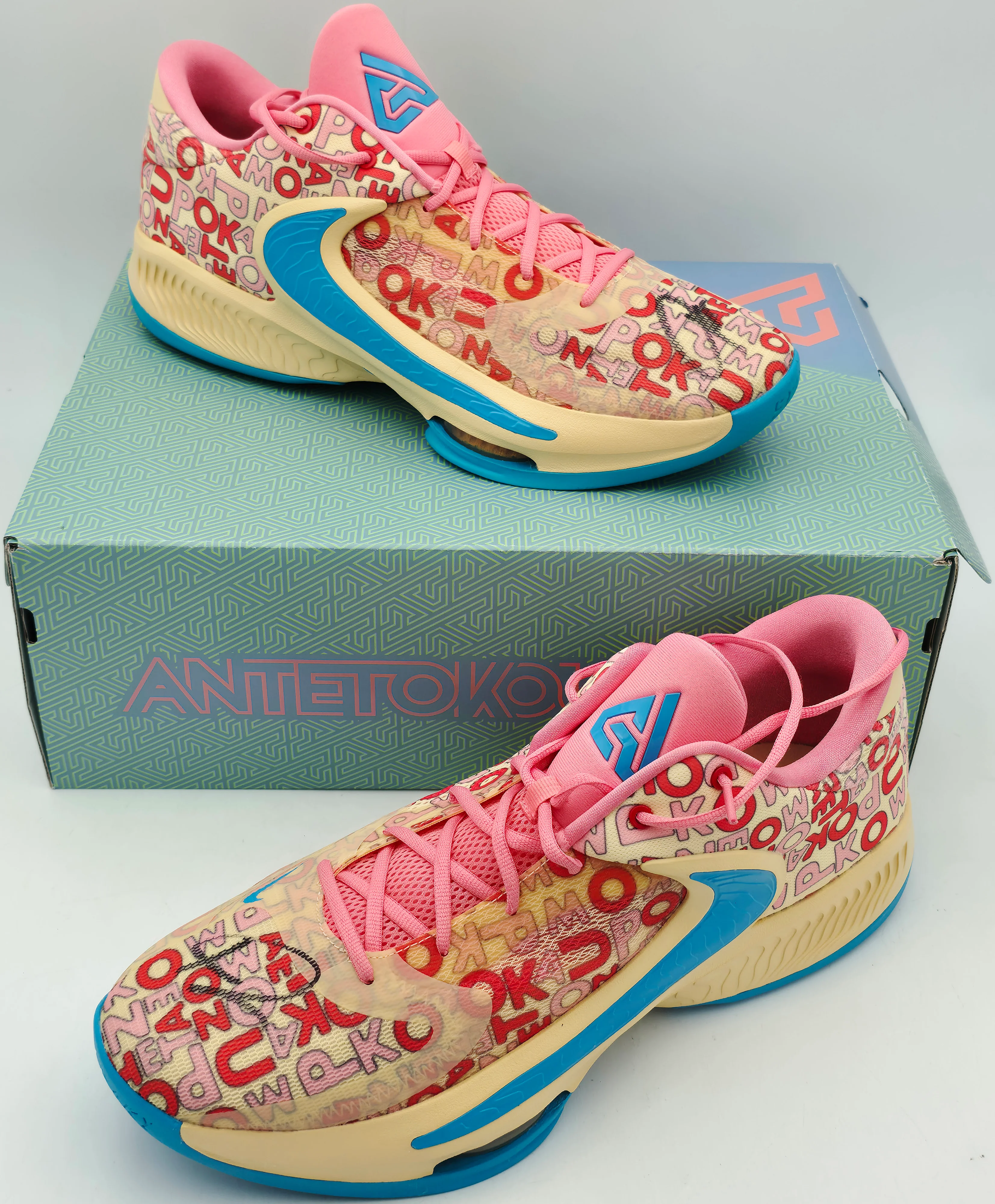 Giannis Antetokounmpo Autographed Letter Bros Vanilla Lightening Nike ZOOM FREAK 4 Shoes Milwaukee Bucks Size 17 (With Box) Beckett BAS Witness #3W396618 & #3W396619