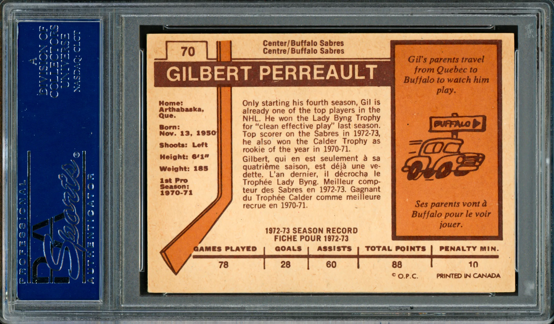 Gil Gilbert Perreault Autographed 1973-74 O-Pee-Chee Card #70 Buffalo Sabres PSA/DNA #83470018 - Image 2