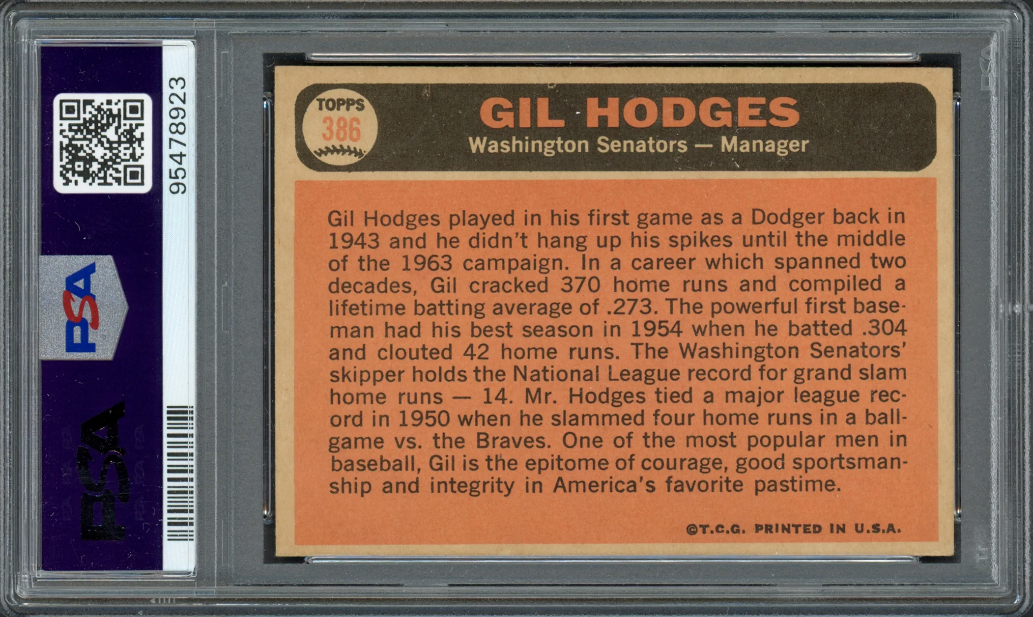 Gil Hodges Autographed 1966 Topps Card #386 Washington Senators PSA 4 Auto Grade 7 PSA/DNA #98478923 - Image 2