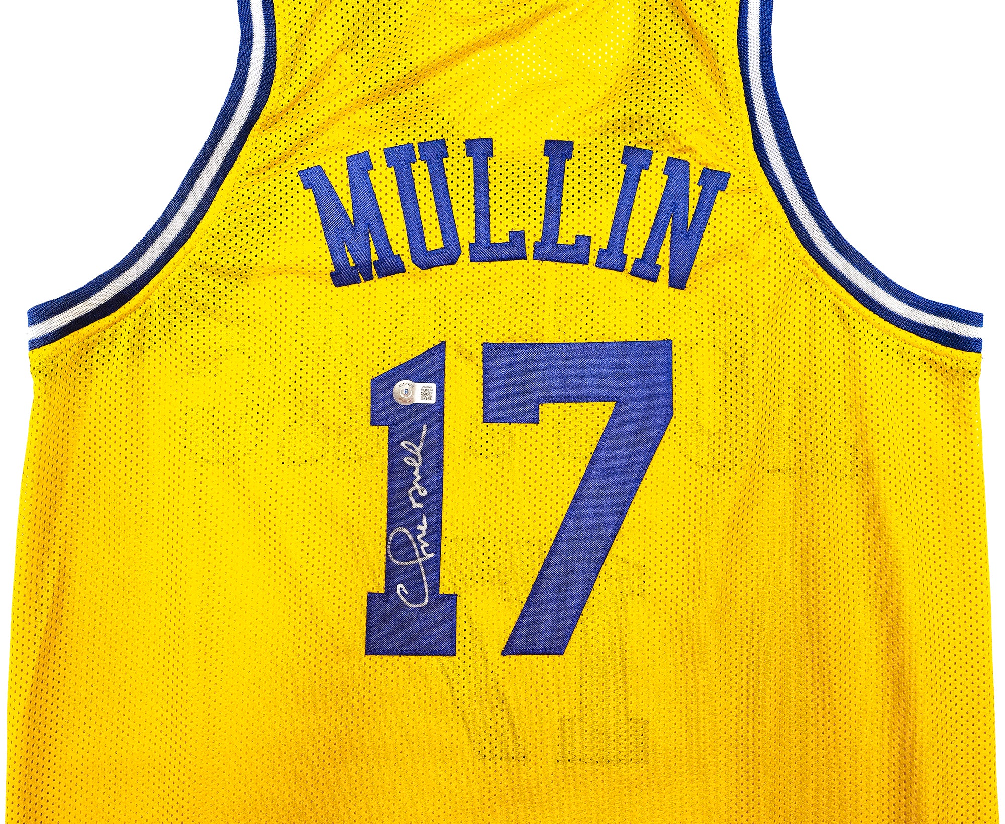 Golden State Warriors Chris Mullin Autographed Yellow Jersey Beckett BAS Witness Stock #232593 - Image 3