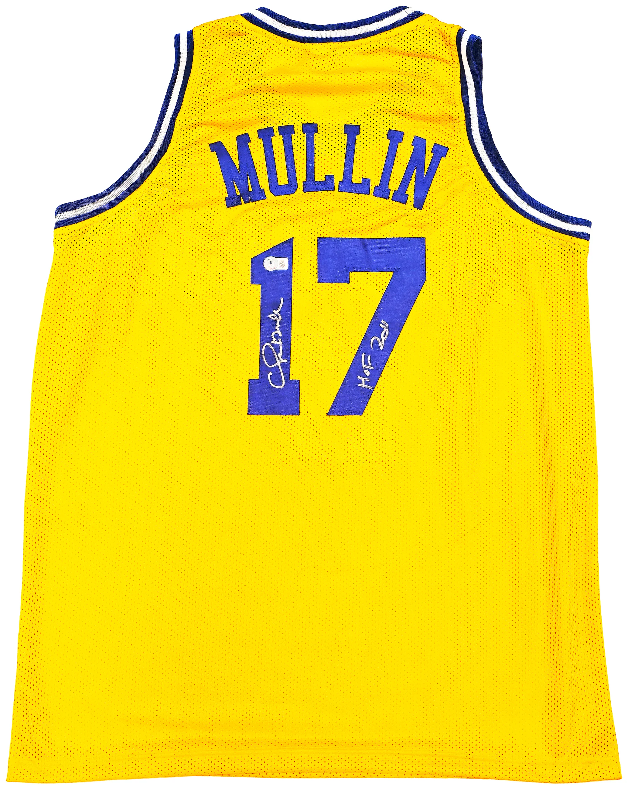 Golden State Warriors Chris Mullin Autographed Yellow Jersey "HOF 2011" Beckett BAS Witness Stock #232594 - Image 2