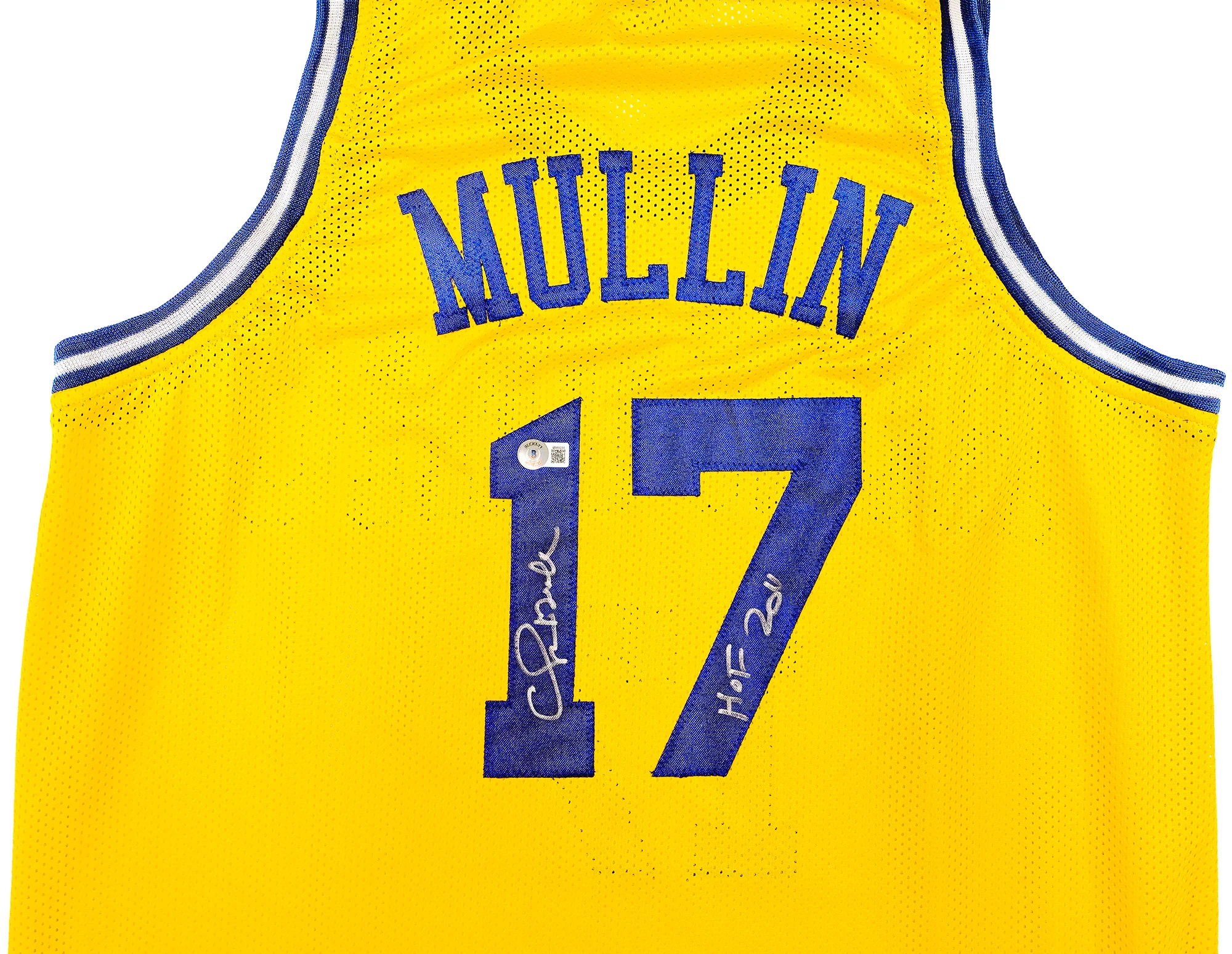 Golden State Warriors Chris Mullin Autographed Yellow Jersey "HOF 2011" Beckett BAS Witness Stock #232594 - Image 3