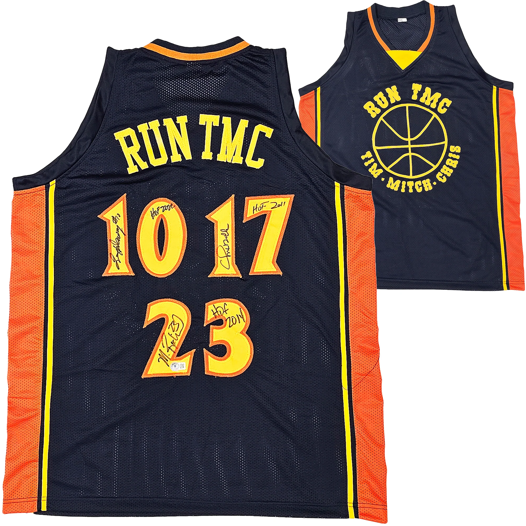 Golden State Warriors Chris Mullin, Tim Hardaway & Mitch Richmond Autographed Dark Blue Jersey Run TMC "HOF" Beckett BAS Witness Stock #216820
