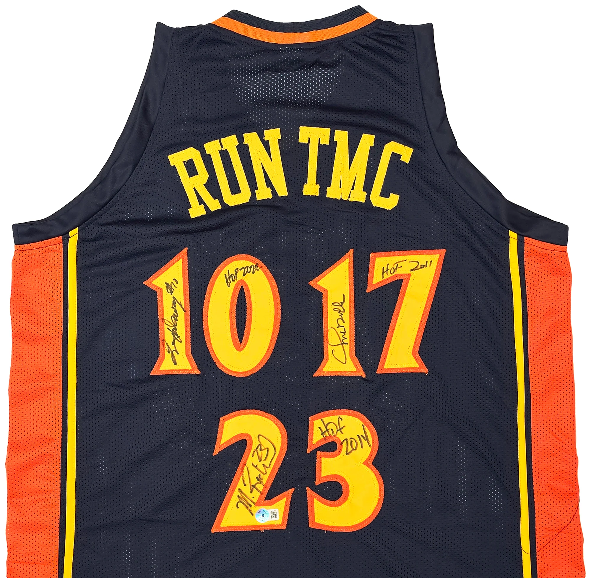 Golden State Warriors Chris Mullin, Tim Hardaway & Mitch Richmond Autographed Dark Blue Jersey Run TMC "HOF" Beckett BAS Witness Stock #216820 - Image 3
