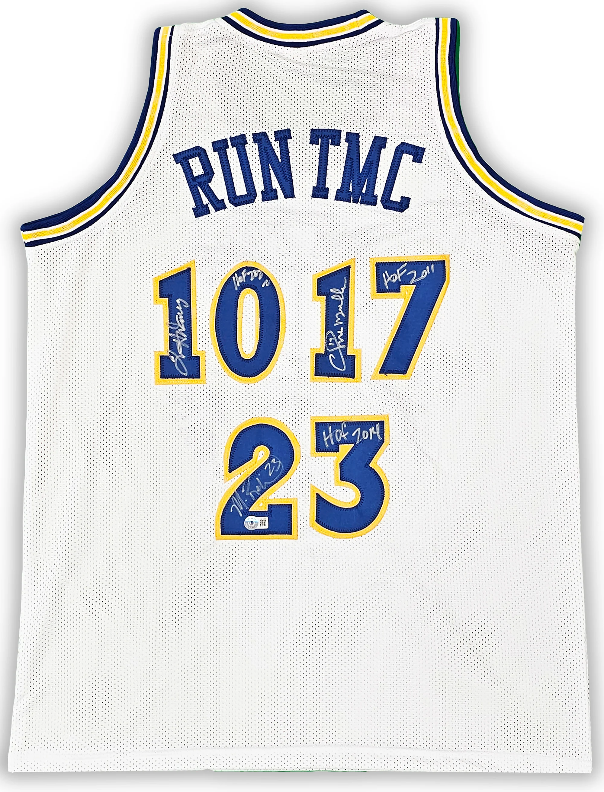 Golden State Warriors Chris Mullin, Tim Hardaway & Mitch Richmond Autographed White Jersey Run TMC "HOF" Beckett BAS Witness Stock #216816 - Image 2