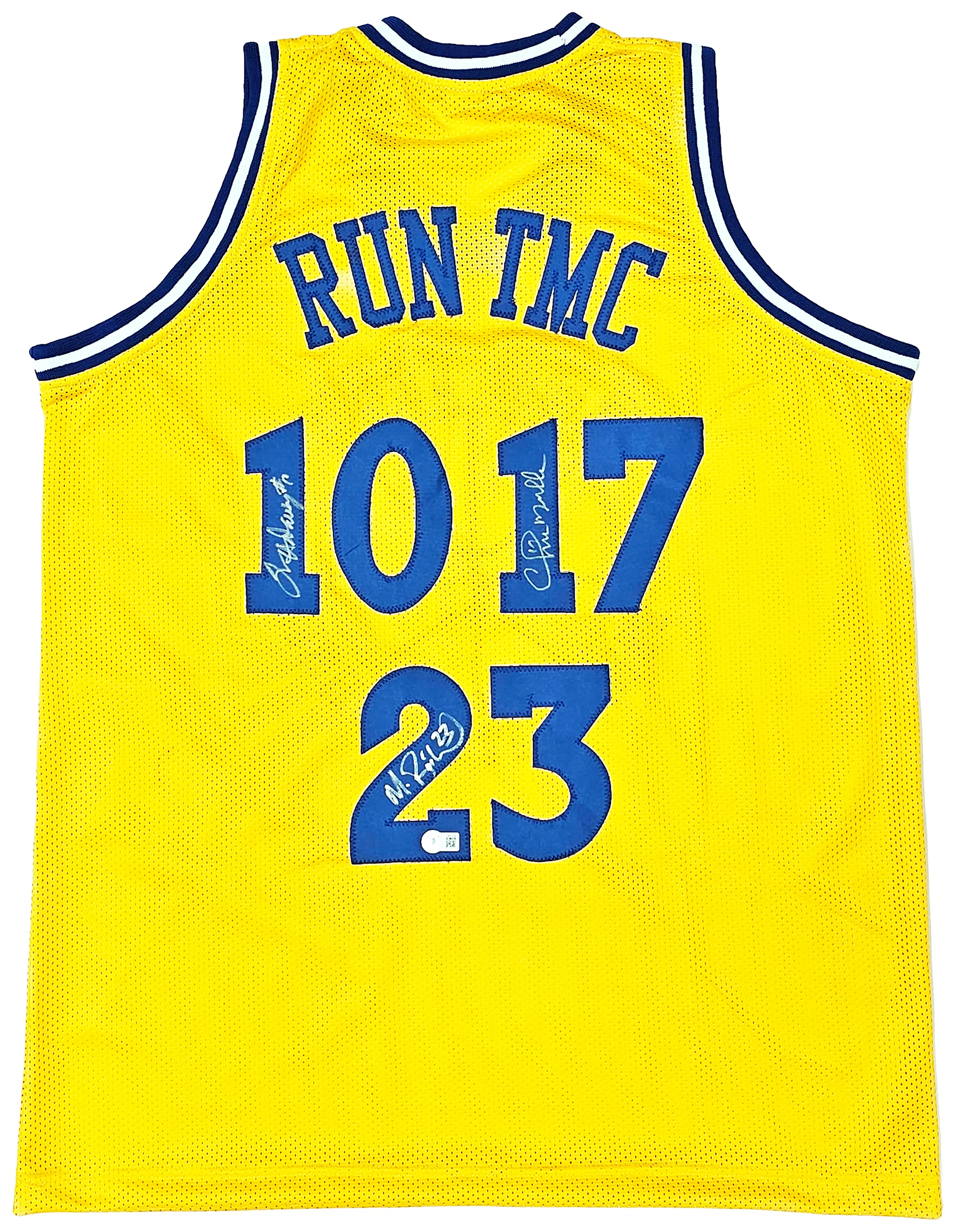 Golden State Warriors Chris Mullin, Tim Hardaway & Mitch Richmond Autographed Yellow Jersey Run TMC Beckett BAS Witness Stock #216823 - Image 2